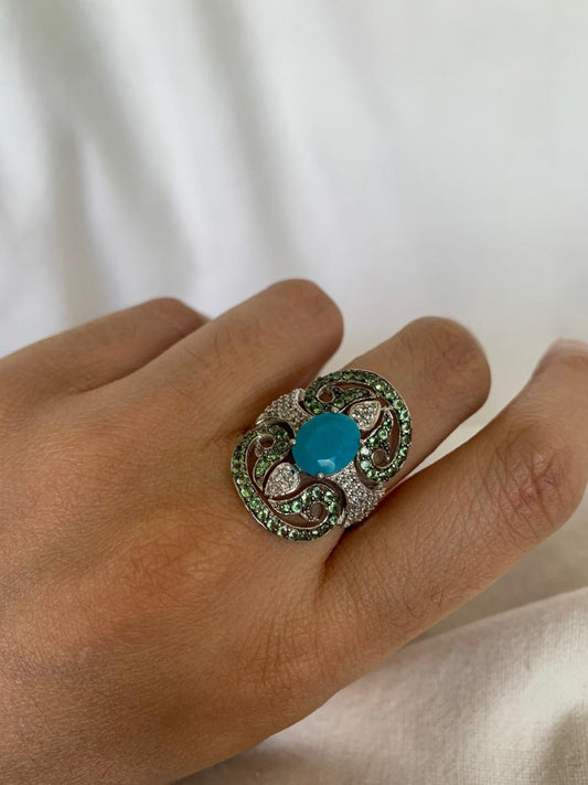 Turquoise Gemstone Cluster Ring .