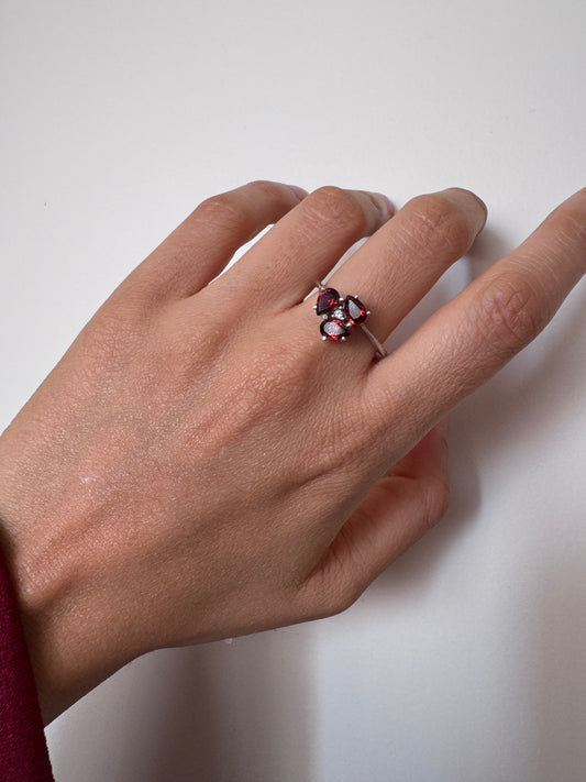 Red Garnet Pear Shape Ring with White Topaz Round Genuine Gemstone in 925 Sterling Silver