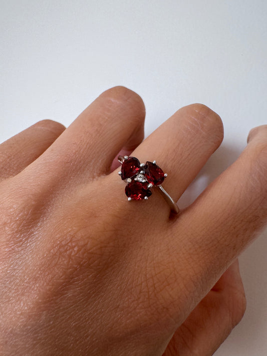 Red Garnet Pear Shape Ring with White Topaz Round Genuine Gemstone in 925 Sterling Silver