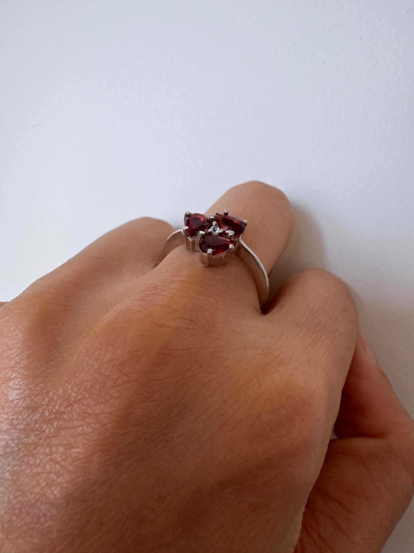 Red Garnet Pear Shape Ring with White Topaz Round Genuine Gemstone in 925 Sterling Silver