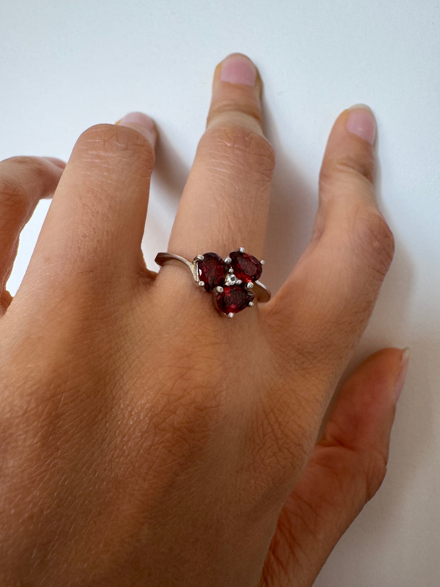 Red Garnet Pear Shape Ring with White Topaz Round Genuine Gemstone in 925 Sterling Silver