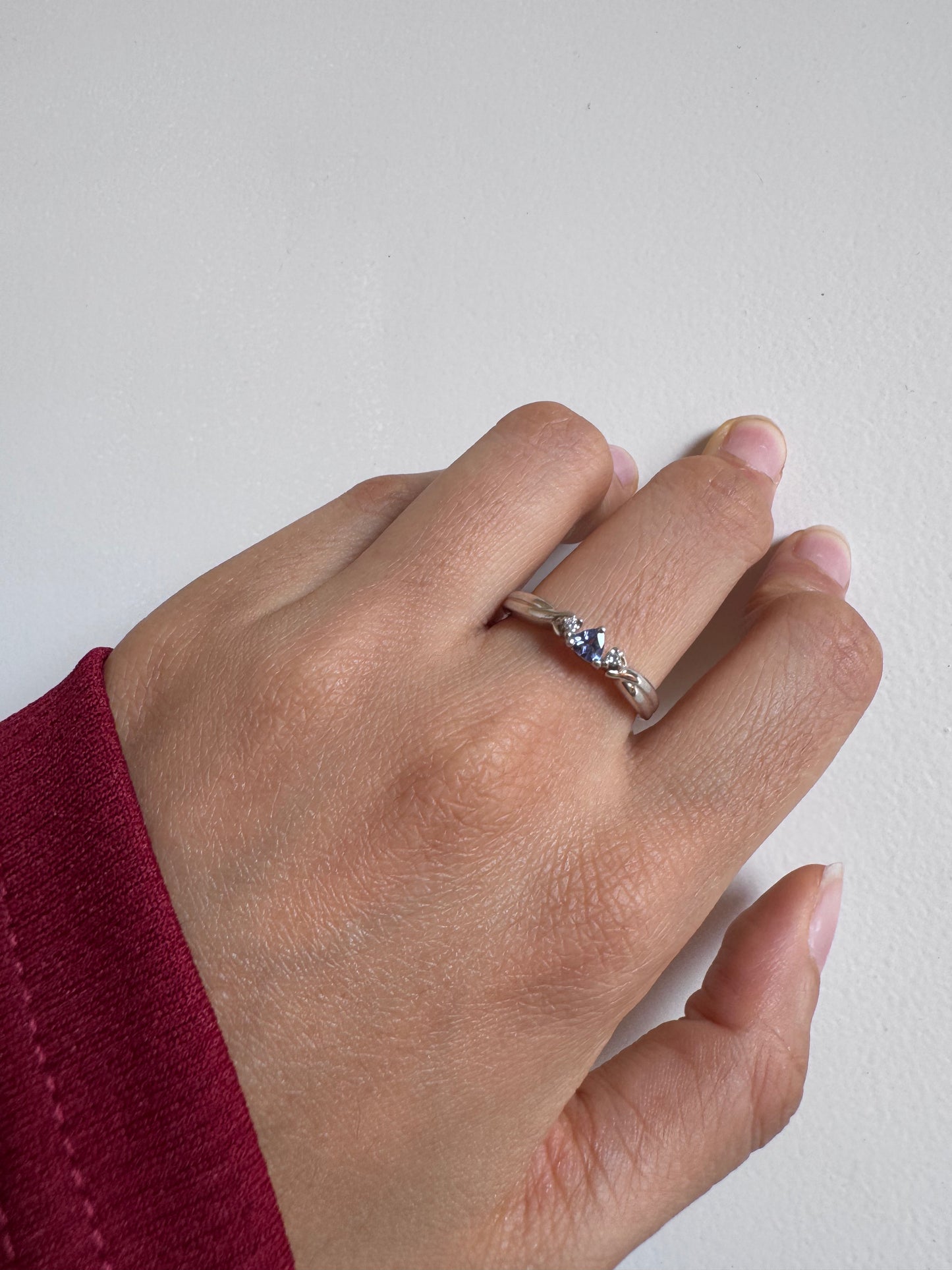 Tanzanite Trillion Shape Ring with White Topaz Genuine Gemstone in 925 Sterling Silver