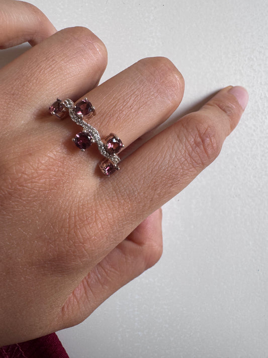 London Rhodolite Round Shape Ring with White Natural Zircon Round Genuine Gemstone in 925 Sterling Silver