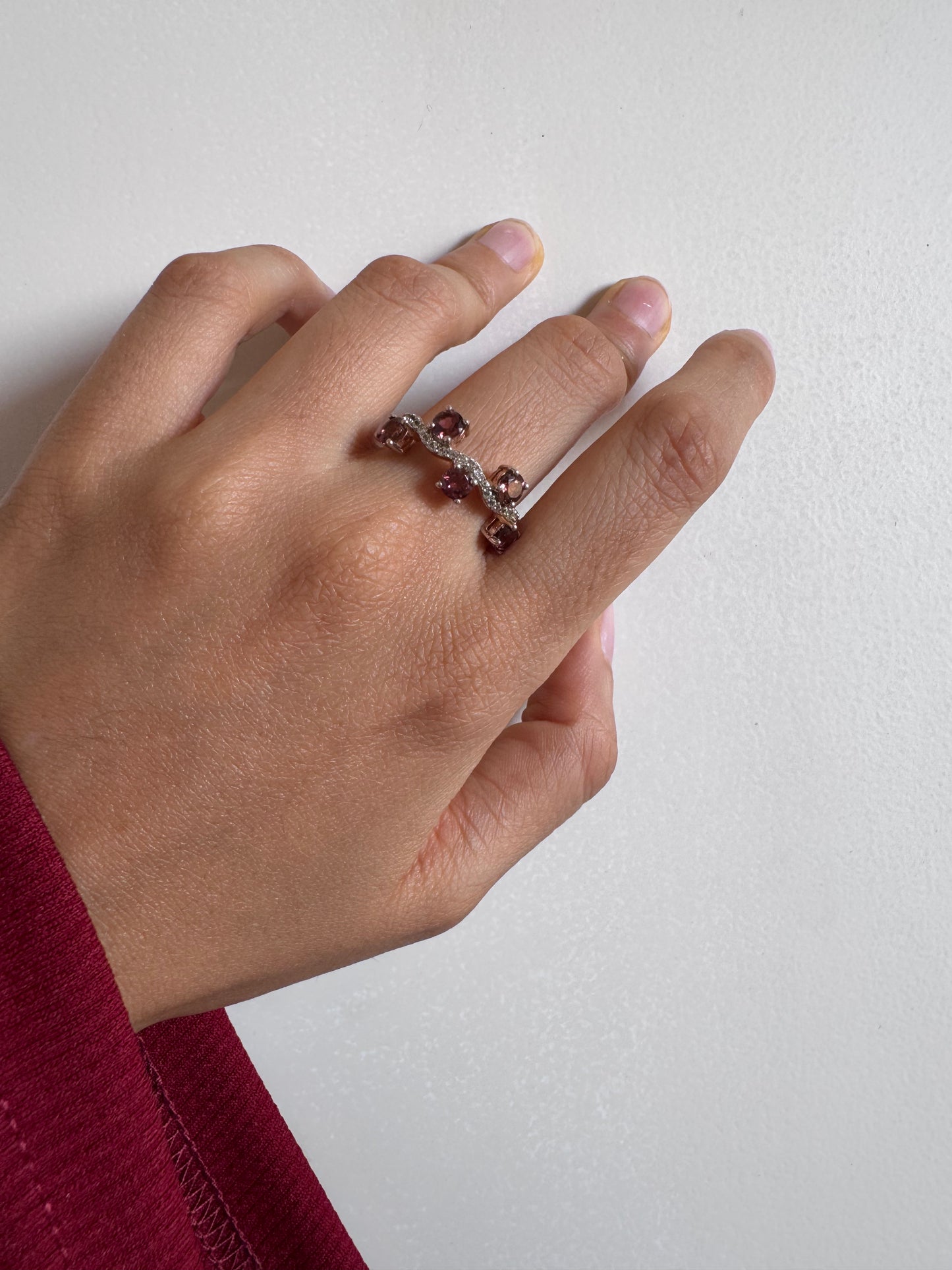 London Rhodolite Round Shape Ring with White Natural Zircon Round Genuine Gemstone in 925 Sterling Silver