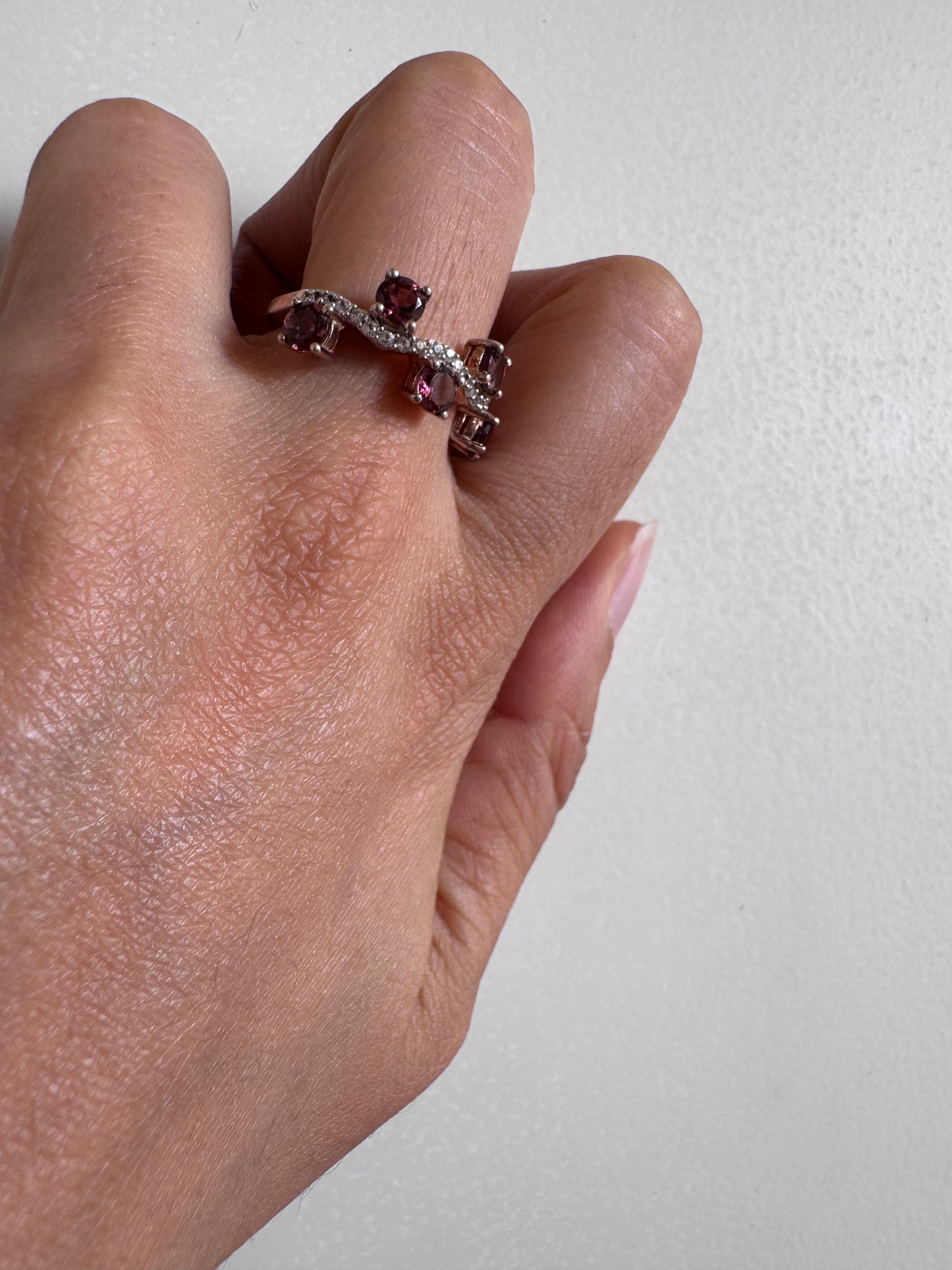 London Rhodolite Round Shape Ring with White Natural Zircon Round Genuine Gemstone in 925 Sterling Silver