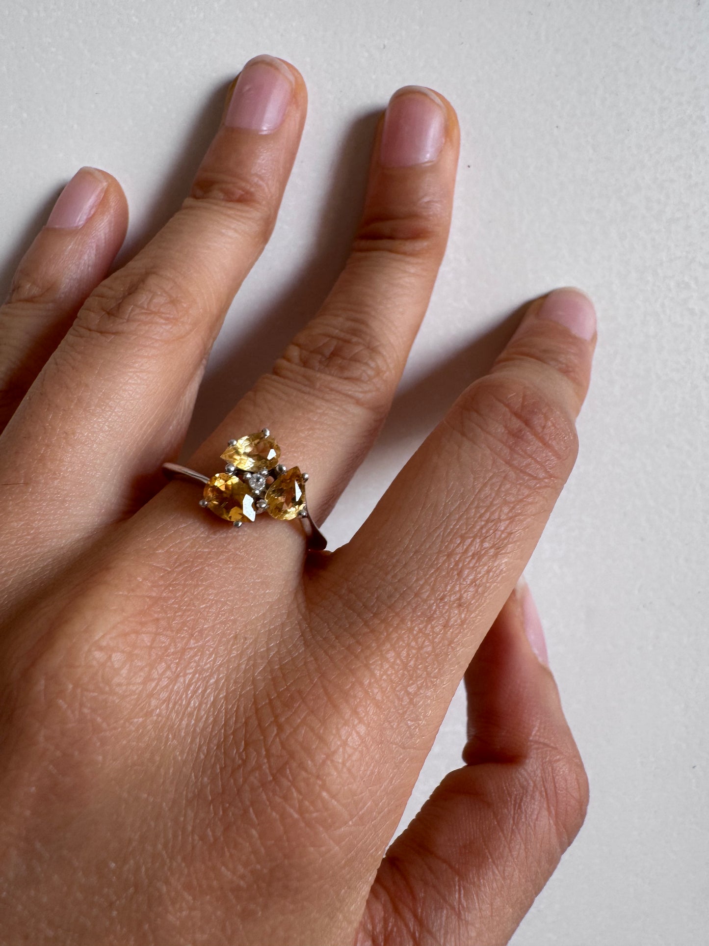 Citrine Pear Shape Ring with White Topaz Round Genuine Gemstone in 925 Sterling Silver