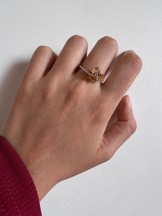 Citrine Pear Shape Ring with White Topaz Round Genuine Gemstone in 925 Sterling Silver