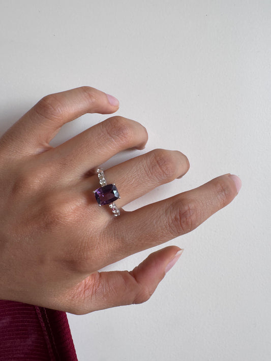 Amethyst Cushion Shape Ring with White Topaz Round Genuine Gemstone in 925 Sterling Silver