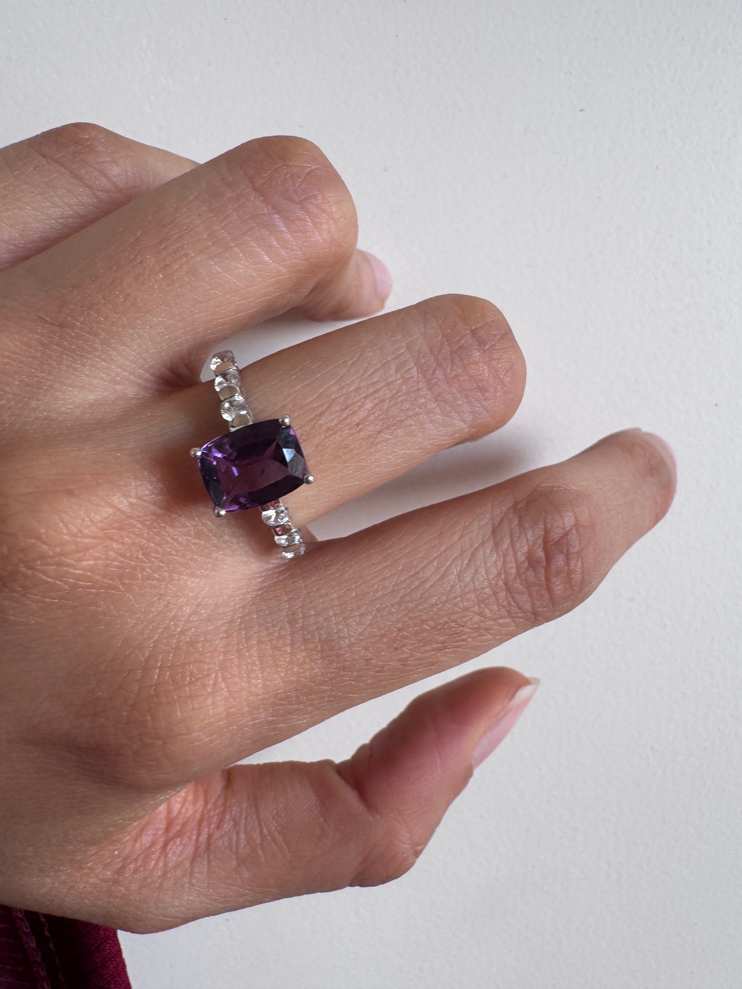 Amethyst Cushion Shape Ring with White Topaz Round Genuine Gemstone in 925 Sterling Silver