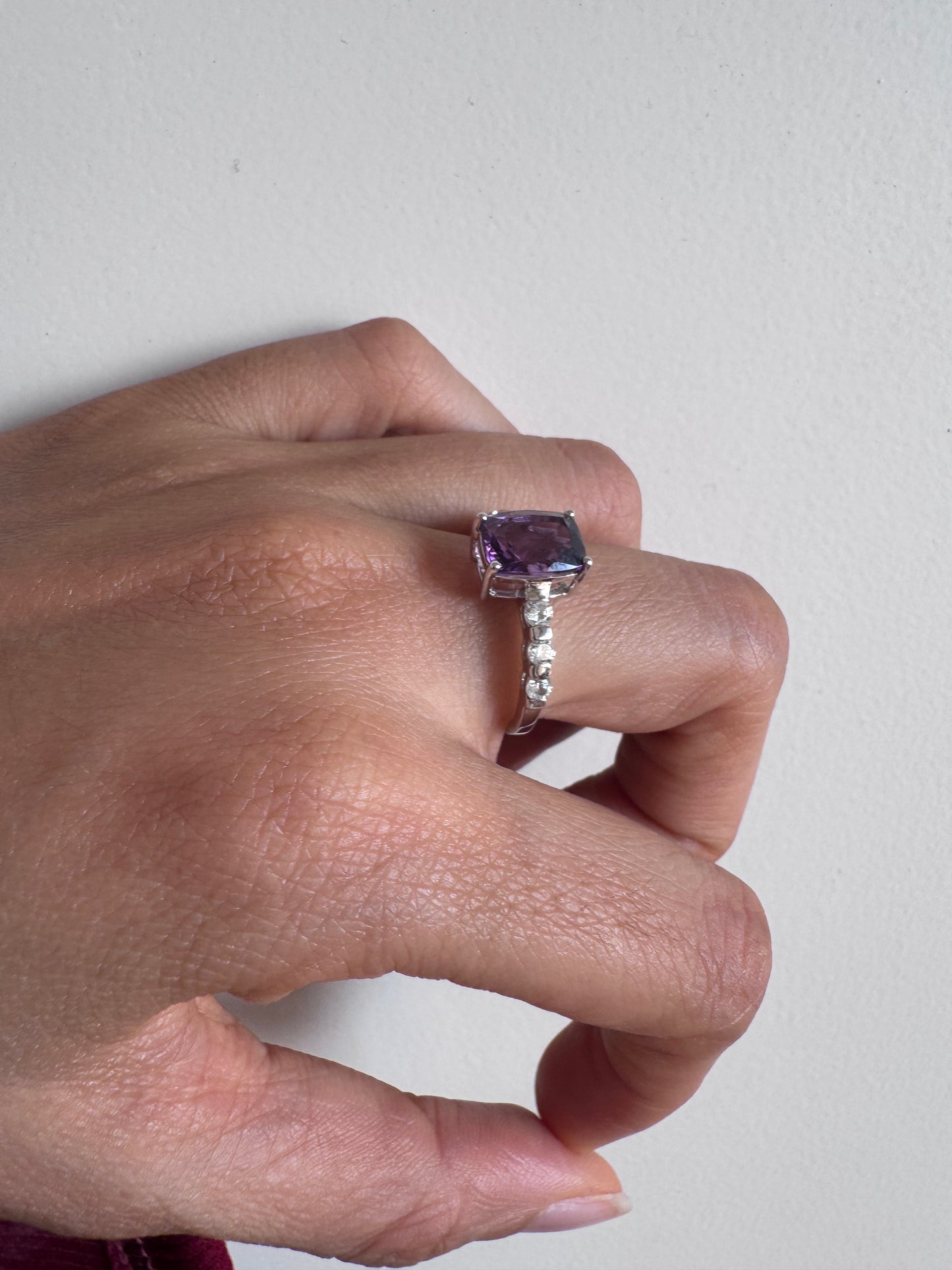 Amethyst Cushion Shape Ring with White Topaz Round Genuine Gemstone in 925 Sterling Silver