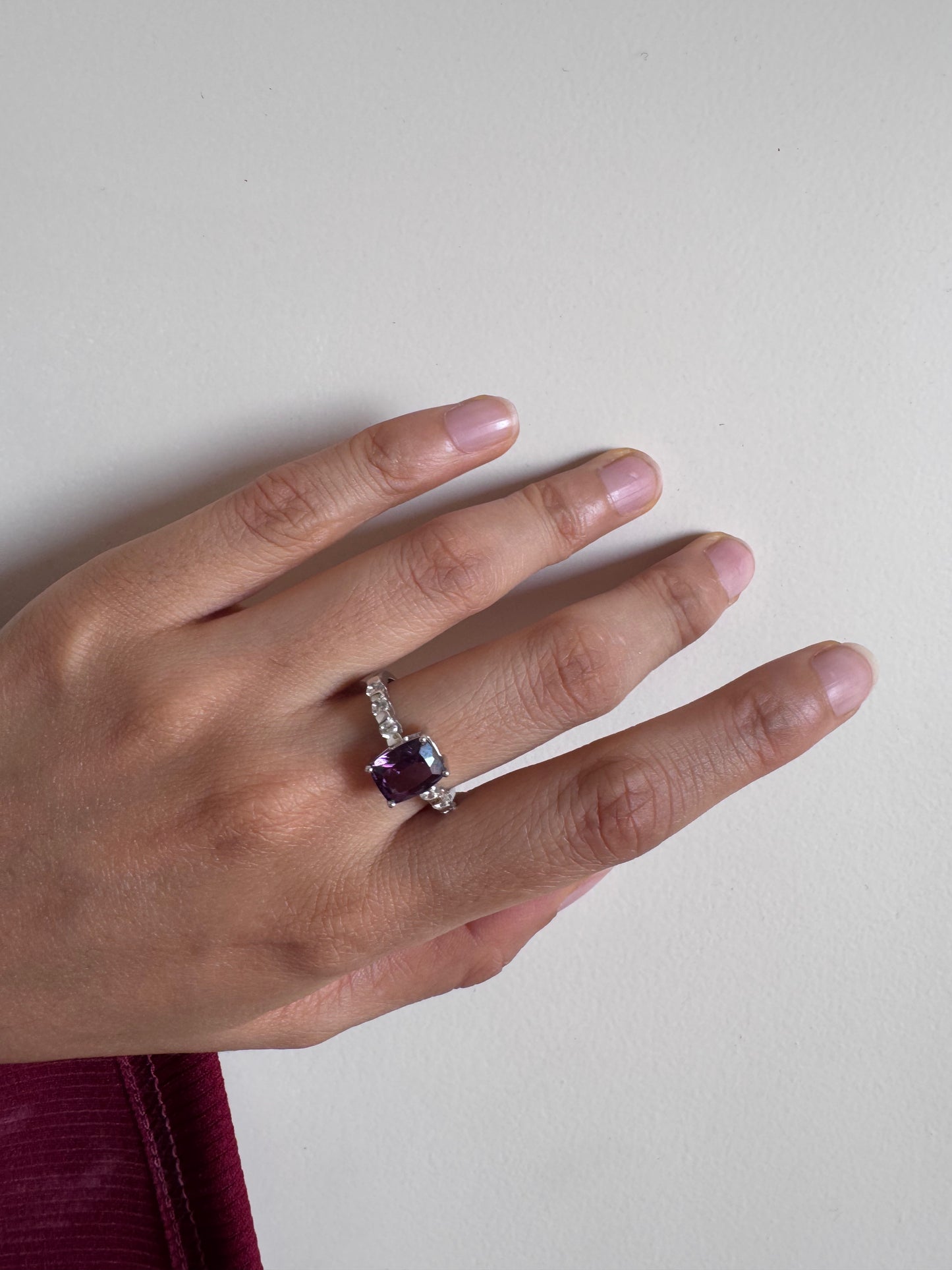 Amethyst Cushion Shape Ring with White Topaz Round Genuine Gemstone in 925 Sterling Silver