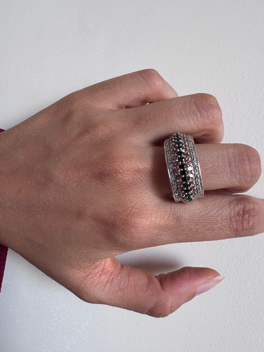 Black Spinel Round Shape Ring with Brown Natural Zircon & White Natural Zircon Round Genuine Gemstone in 925 Sterling Silver