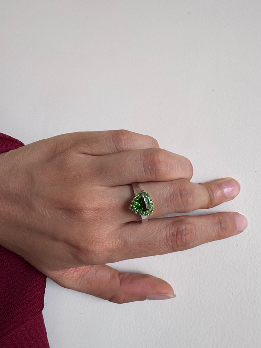 Chrome Diopside Trillion Shape with Chrome Round Genuine Gemstone in 925 Sterling Silver