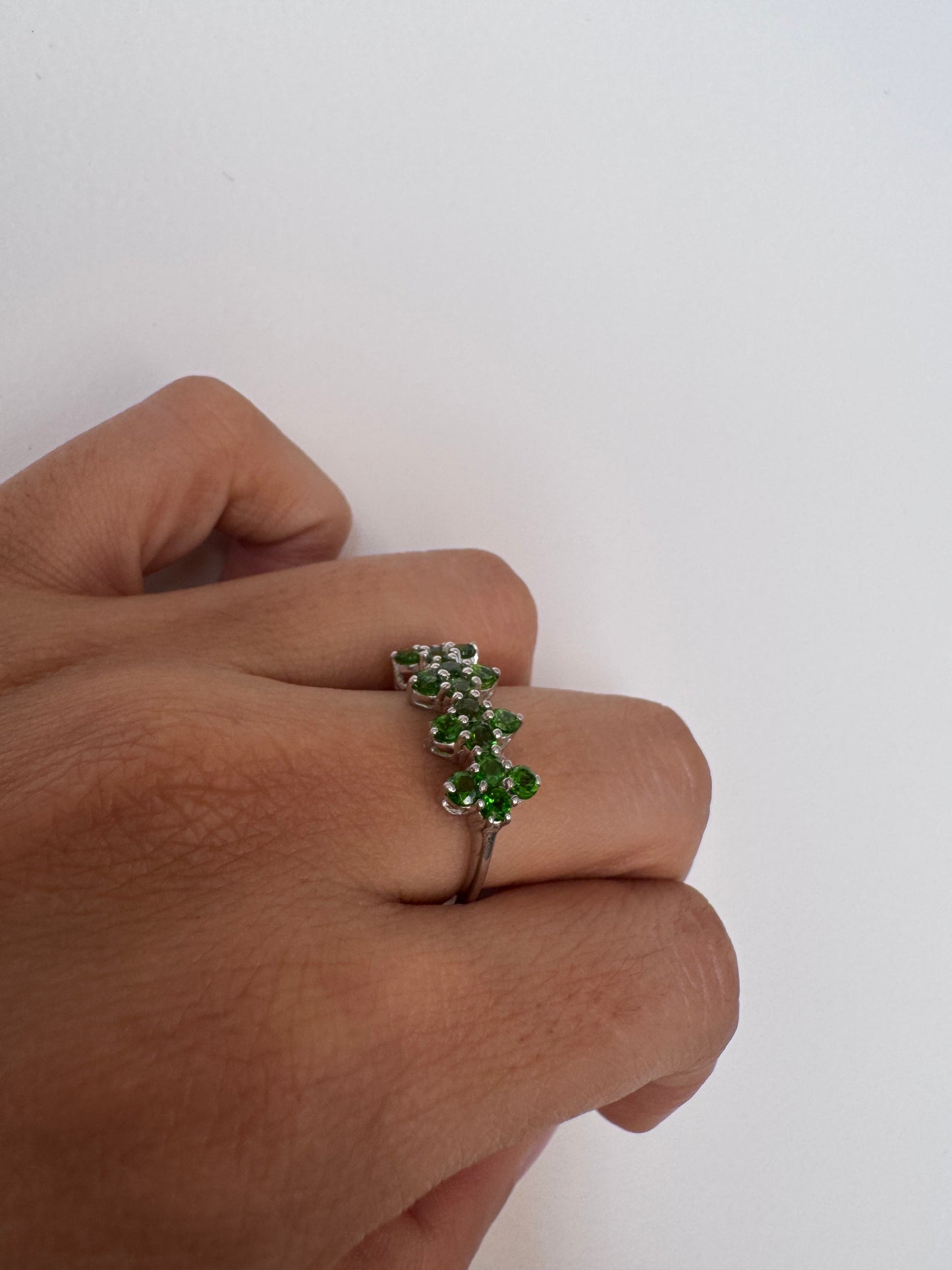 Daisy Chrome Diopside Round Shape Ring Genuine Gemstone in 925 Sterling Silver