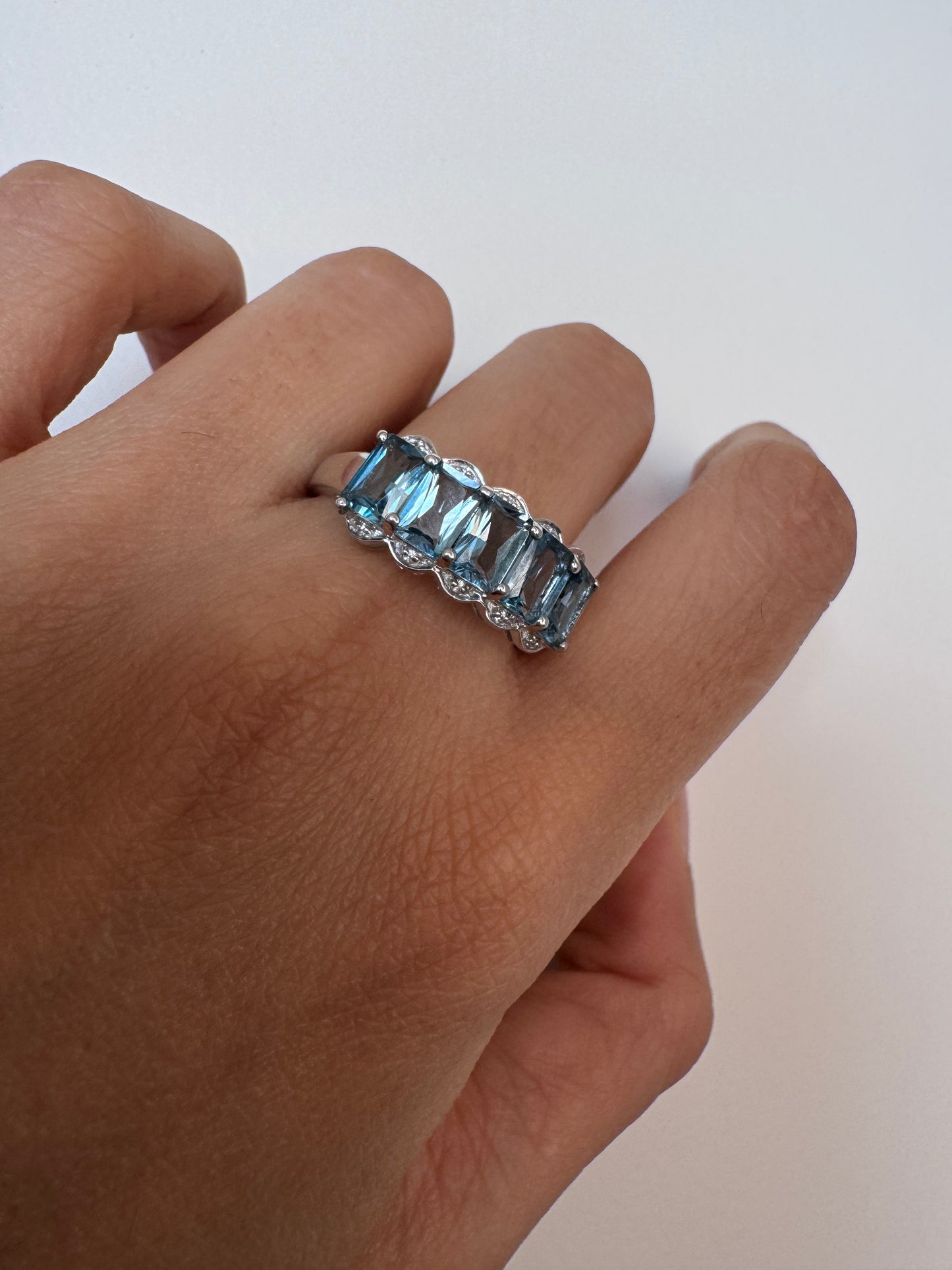 London Blue Topaz Octagon Shape Ring with White Natural Zircon Genuine Gemstone in 925 Sterling Silver