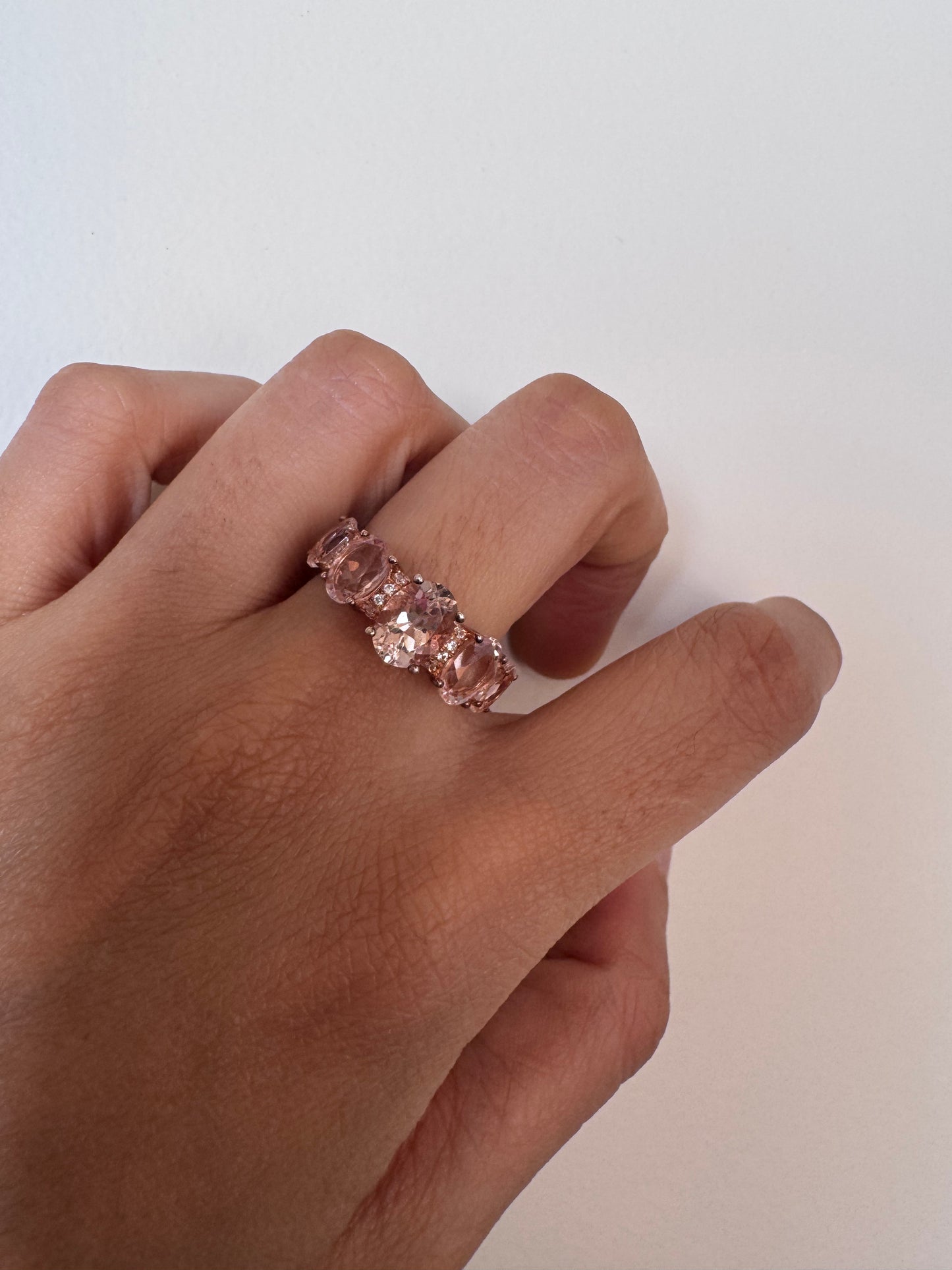 Morganite Oval Shape Ring with White Topaz Round Genuine Gemstone in 925 Sterling Silver