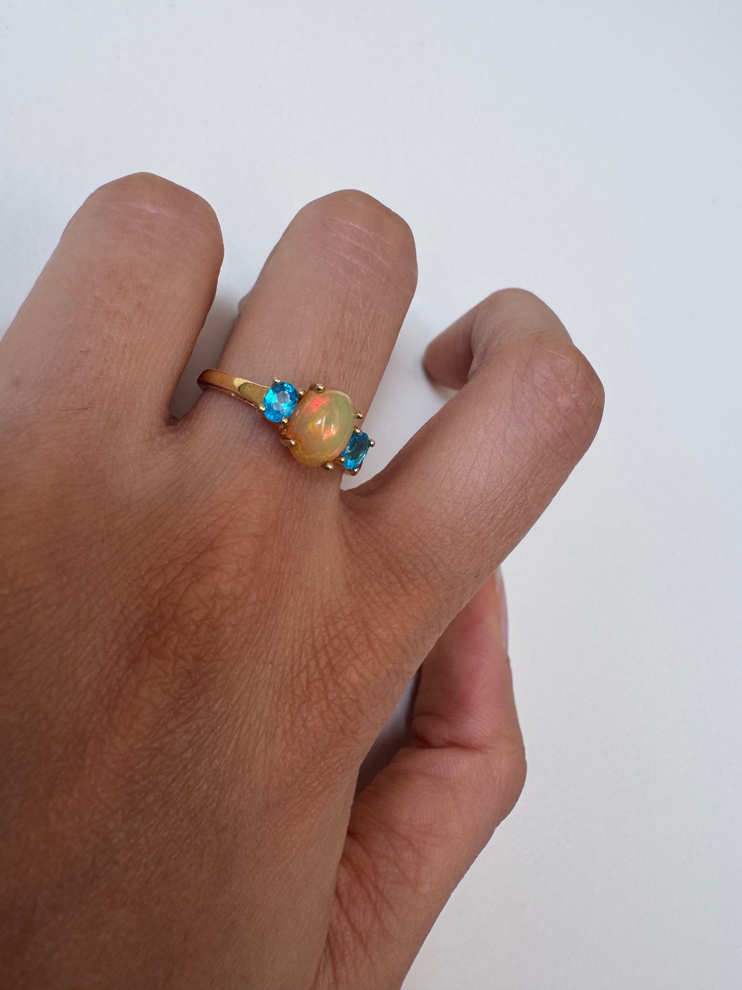 Ethiopian Opal Cab Oval Shape Ring with Neon Apatite Round Genuine Gemstone in 925 Sterling Silver