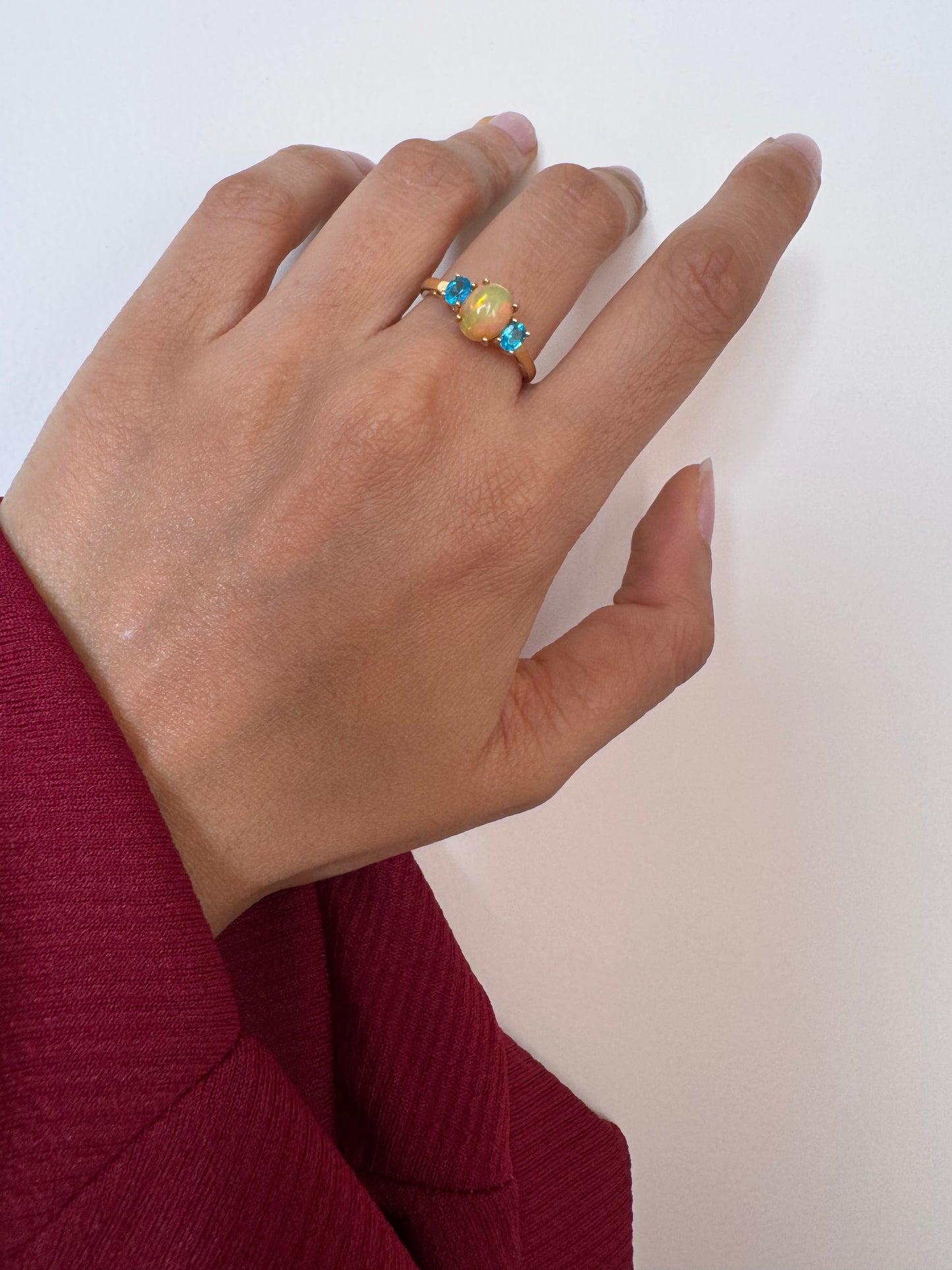 Ethiopian Opal Cab Oval Shape Ring with Neon Apatite Round Genuine Gemstone in 925 Sterling Silver