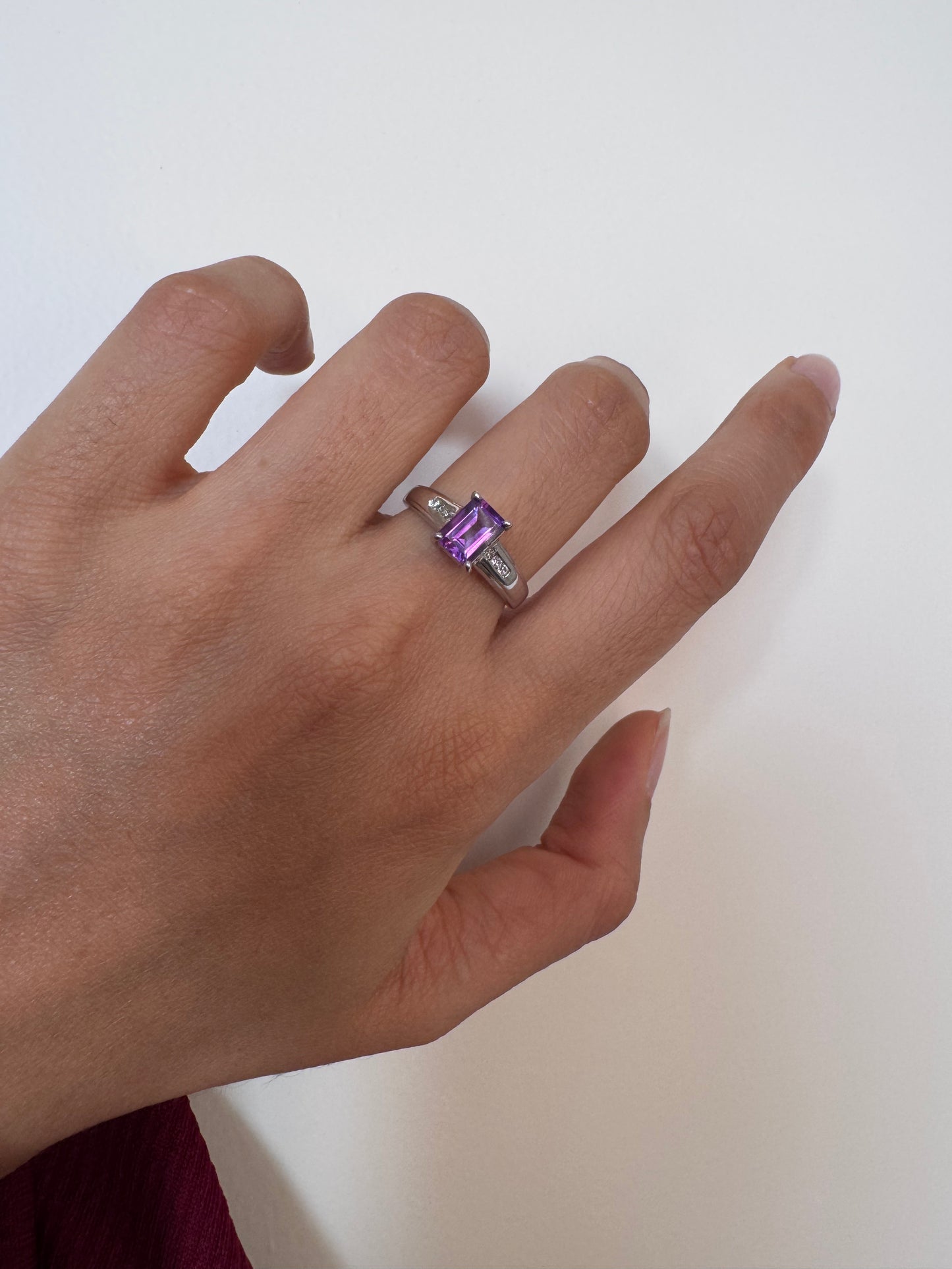 Amethyst Octagon Shape Ring with White Topaz Round Genuine Gemstone in 925 Sterling Silver