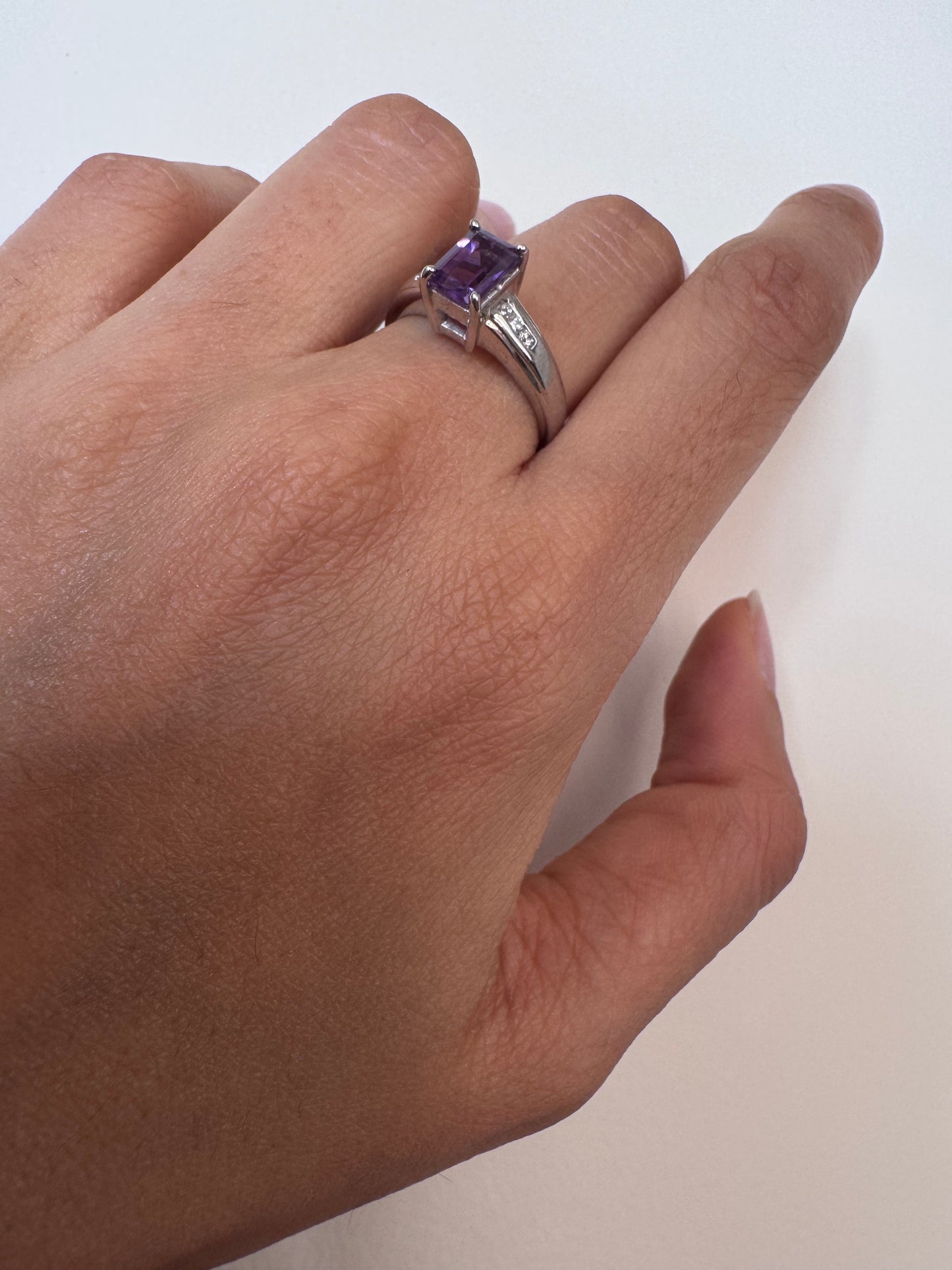 Amethyst Octagon Shape Ring with White Topaz Round Genuine Gemstone in 925 Sterling Silver