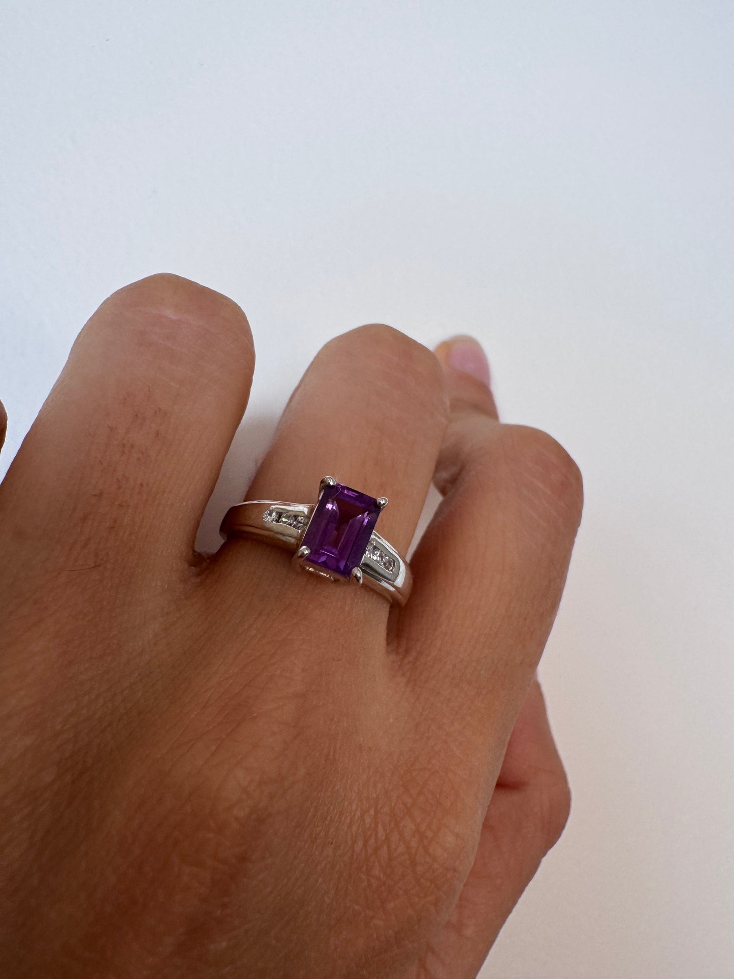 Amethyst Octagon Shape Ring with White Topaz Round Genuine Gemstone in 925 Sterling Silver