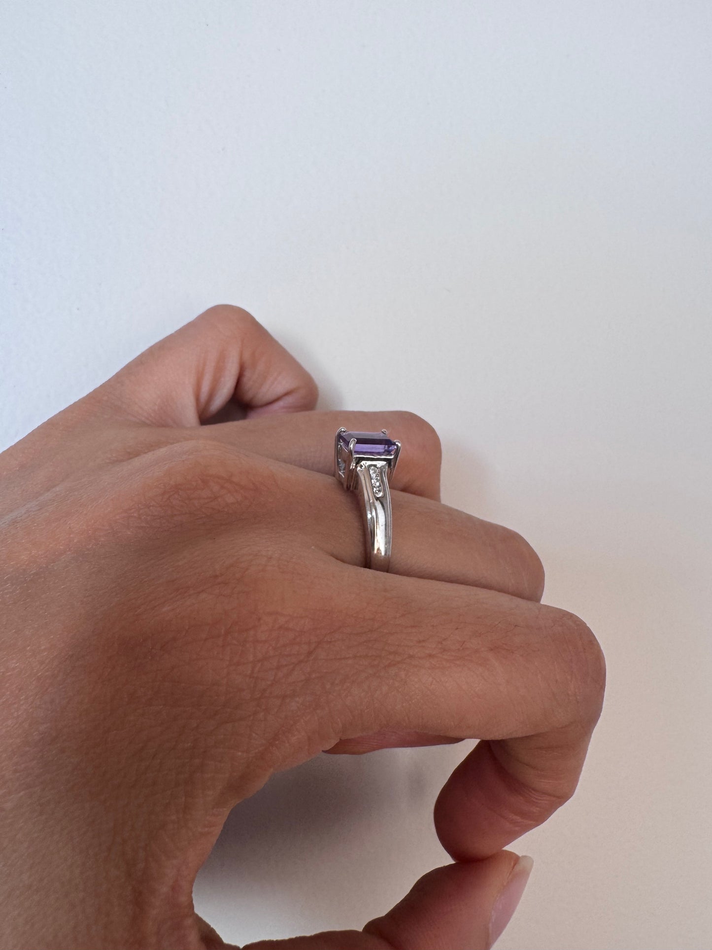 Amethyst Octagon Shape Ring with White Topaz Round Genuine Gemstone in 925 Sterling Silver