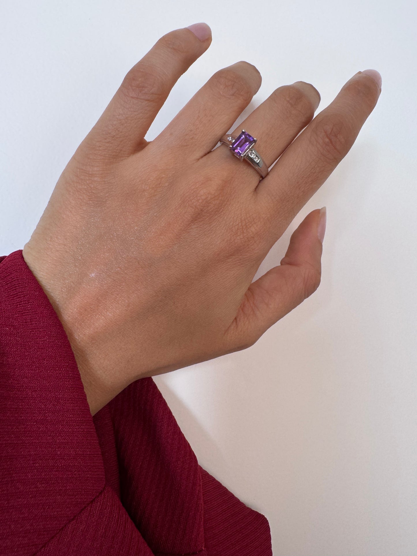 Amethyst Octagon Shape Ring with White Topaz Round Genuine Gemstone in 925 Sterling Silver