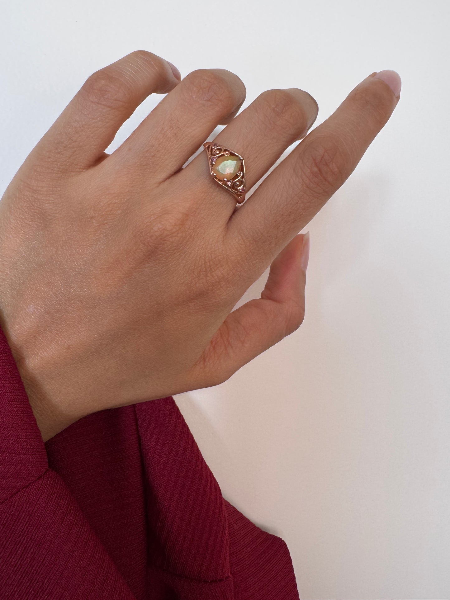 Ethiopian Opal Pear Shape Ring with Pink Tourmaline Round Genuine Gemstone in 925 Sterling Silver