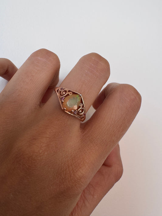 Ethiopian Opal Pear Shape Ring with Pink Tourmaline Round Genuine Gemstone in 925 Sterling Silver