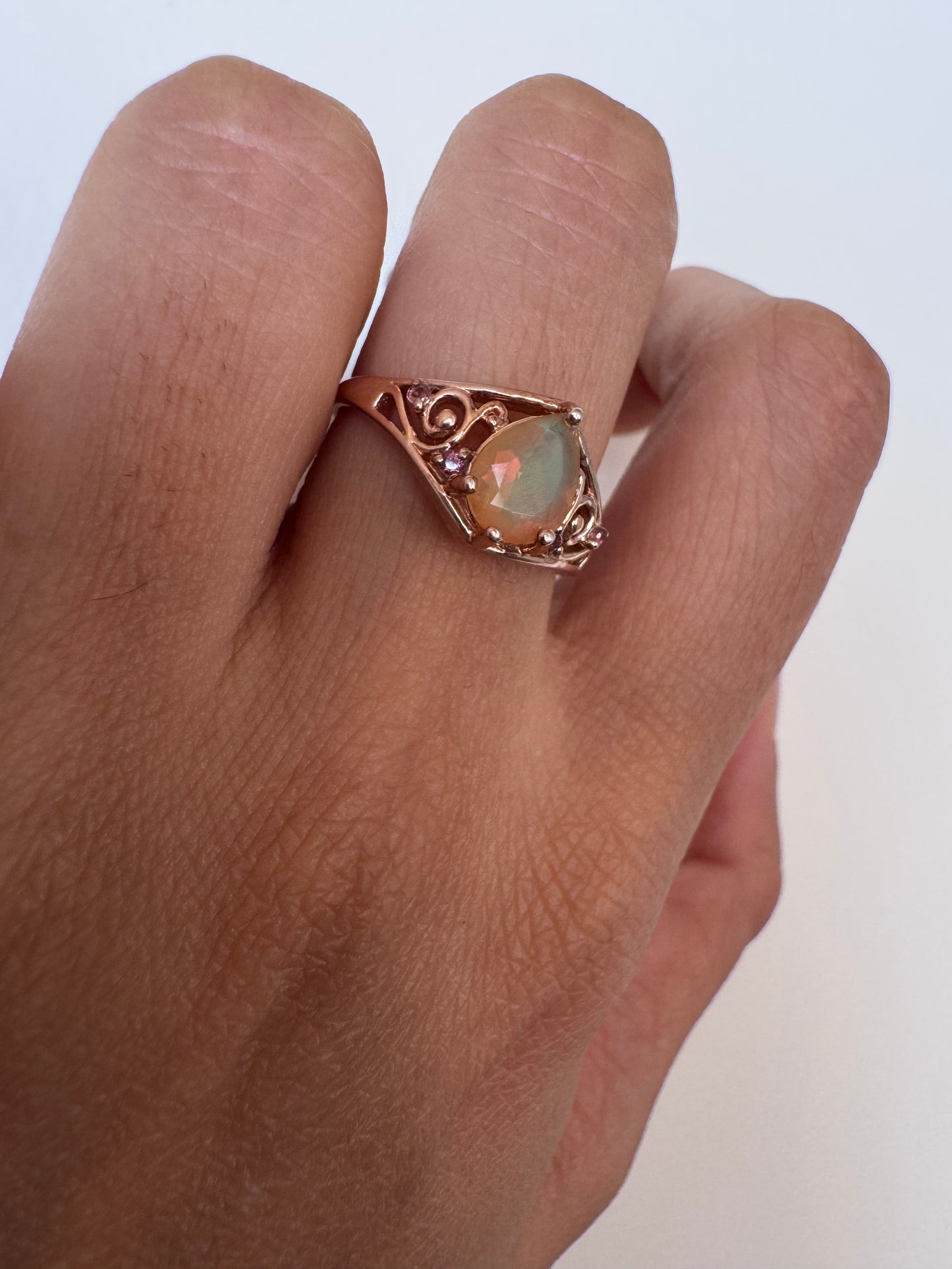 Ethiopian Opal Pear Shape Ring with Pink Tourmaline Round Genuine Gemstone in 925 Sterling Silver