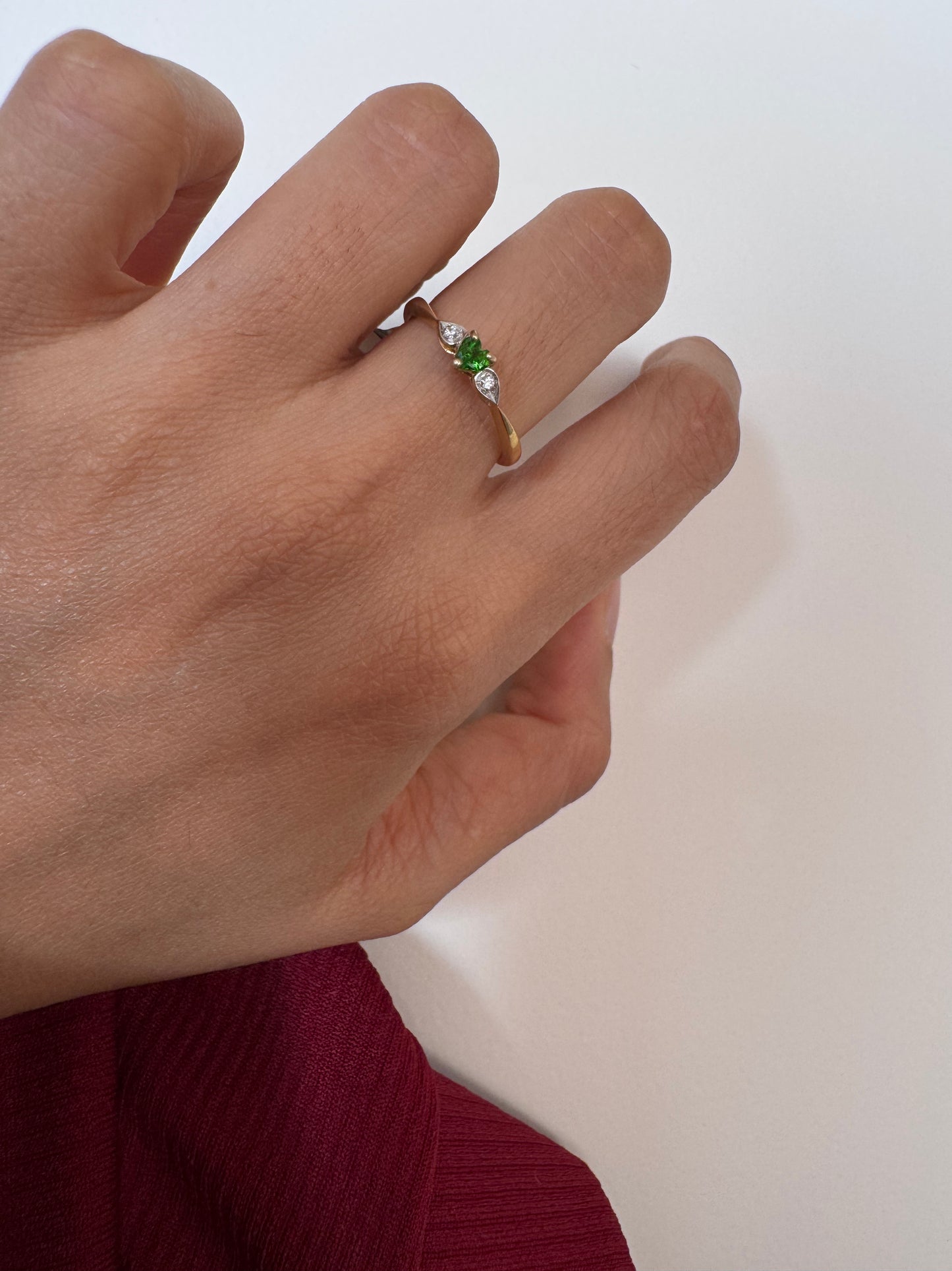 Chrome Diopside Round Shape Ring with White Natural Zircon Genuine Gemstone in 925 Sterling Silver