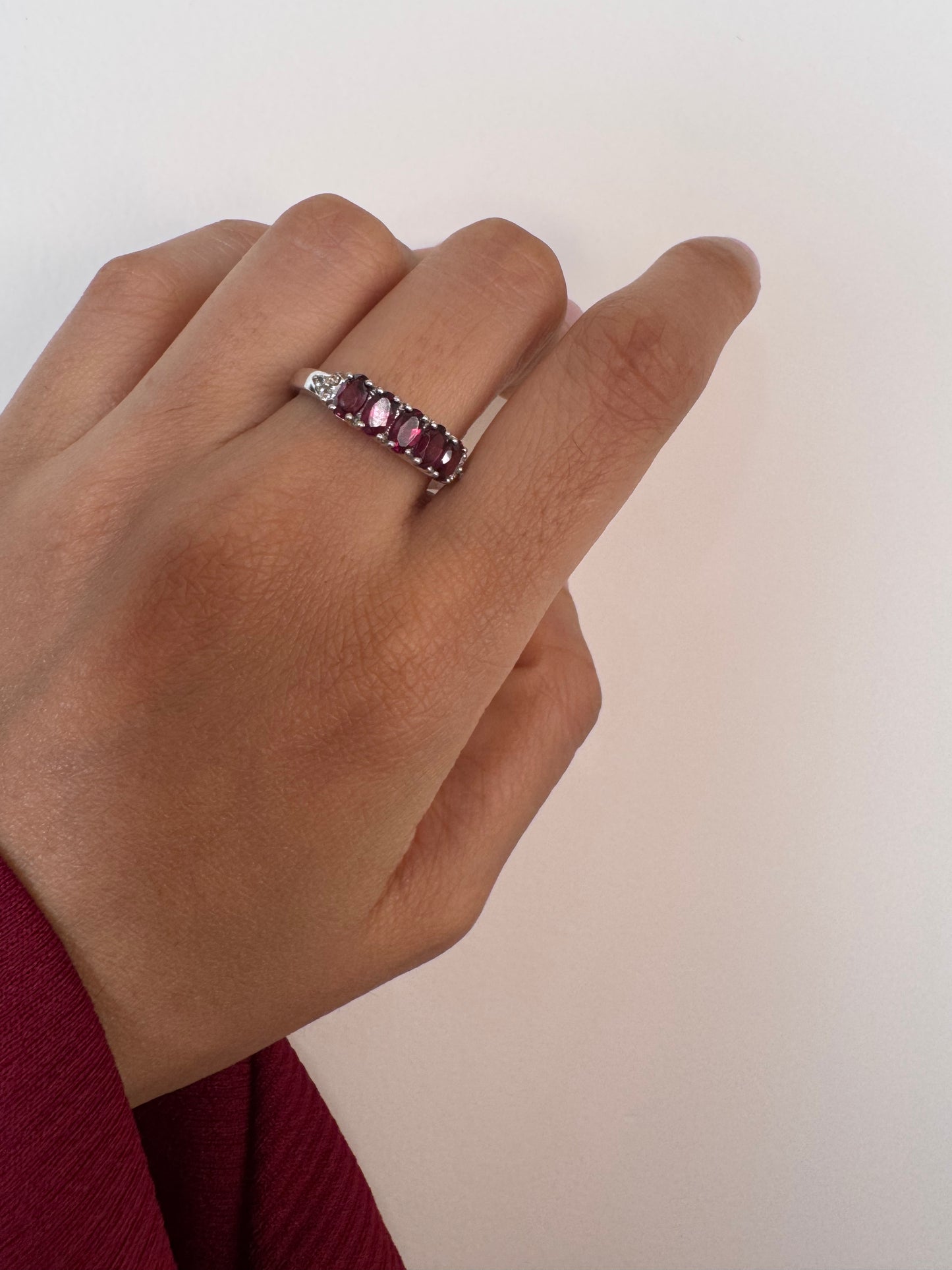 Rhodolite Oval Shape Ring with White Topaz Round Genuine Gemstone in 925 Sterling Silver