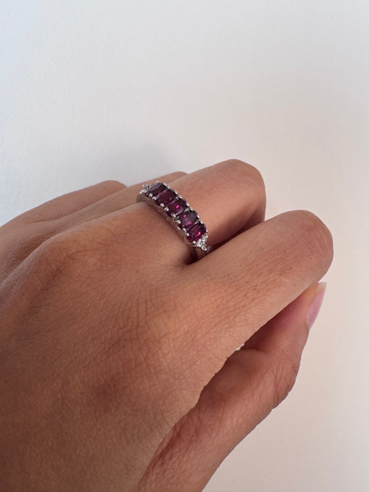 Rhodolite Oval Shape Ring with White Topaz Round Genuine Gemstone in 925 Sterling Silver