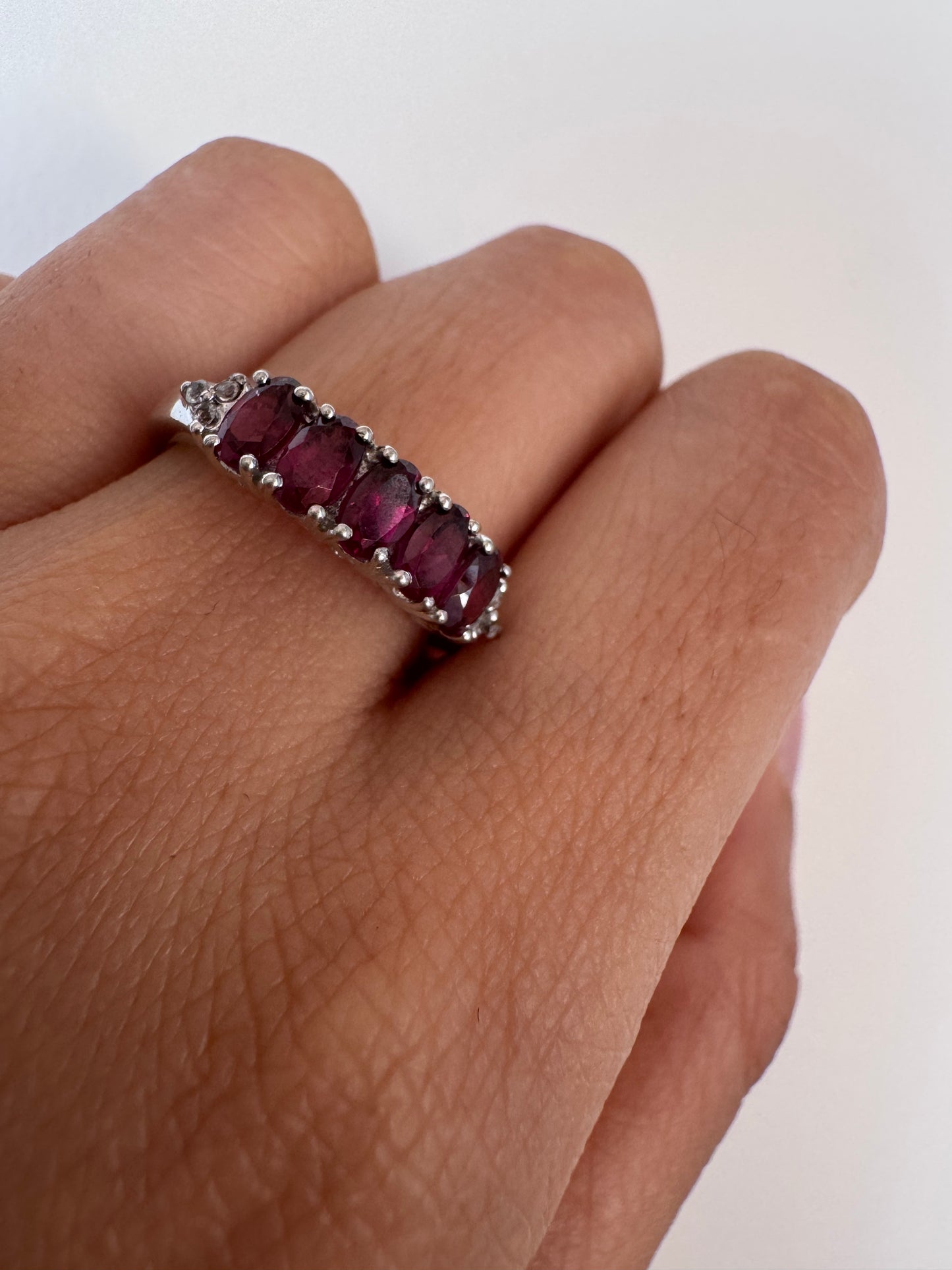 Rhodolite Oval Shape Ring with White Topaz Round Genuine Gemstone in 925 Sterling Silver