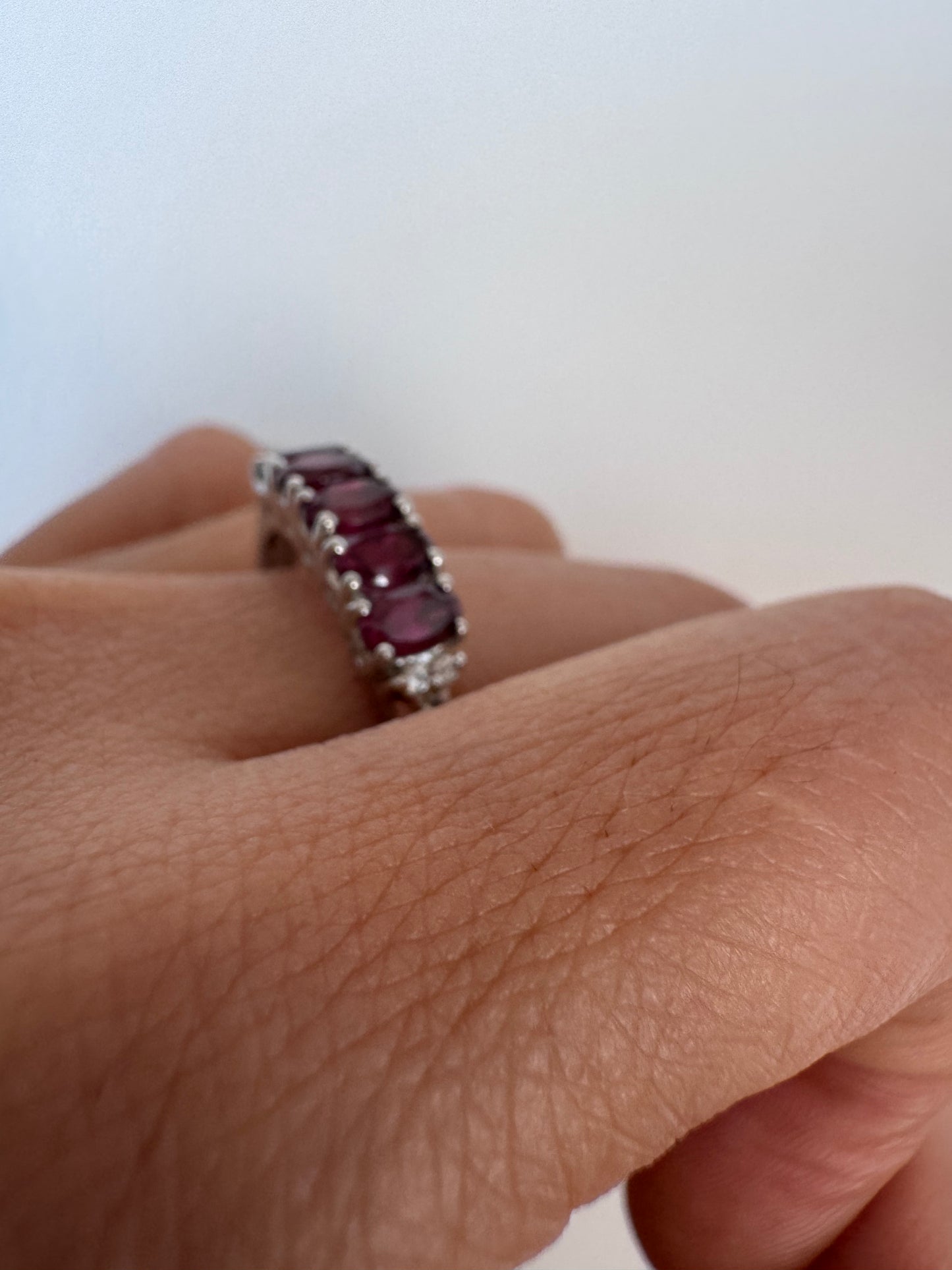 Rhodolite Oval Shape Ring with White Topaz Round Genuine Gemstone in 925 Sterling Silver