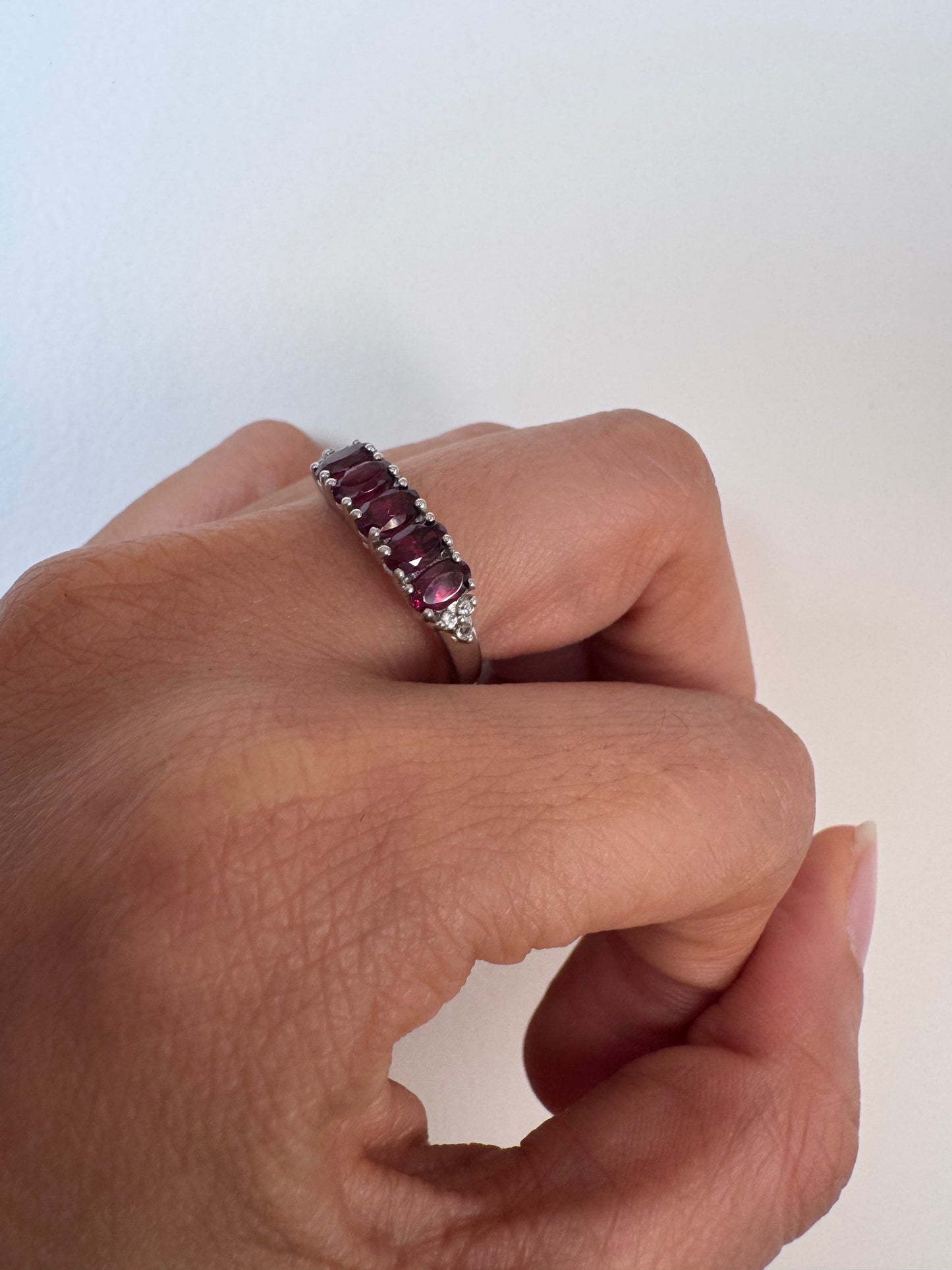 Rhodolite Oval Shape Ring with White Topaz Round Genuine Gemstone in 925 Sterling Silver