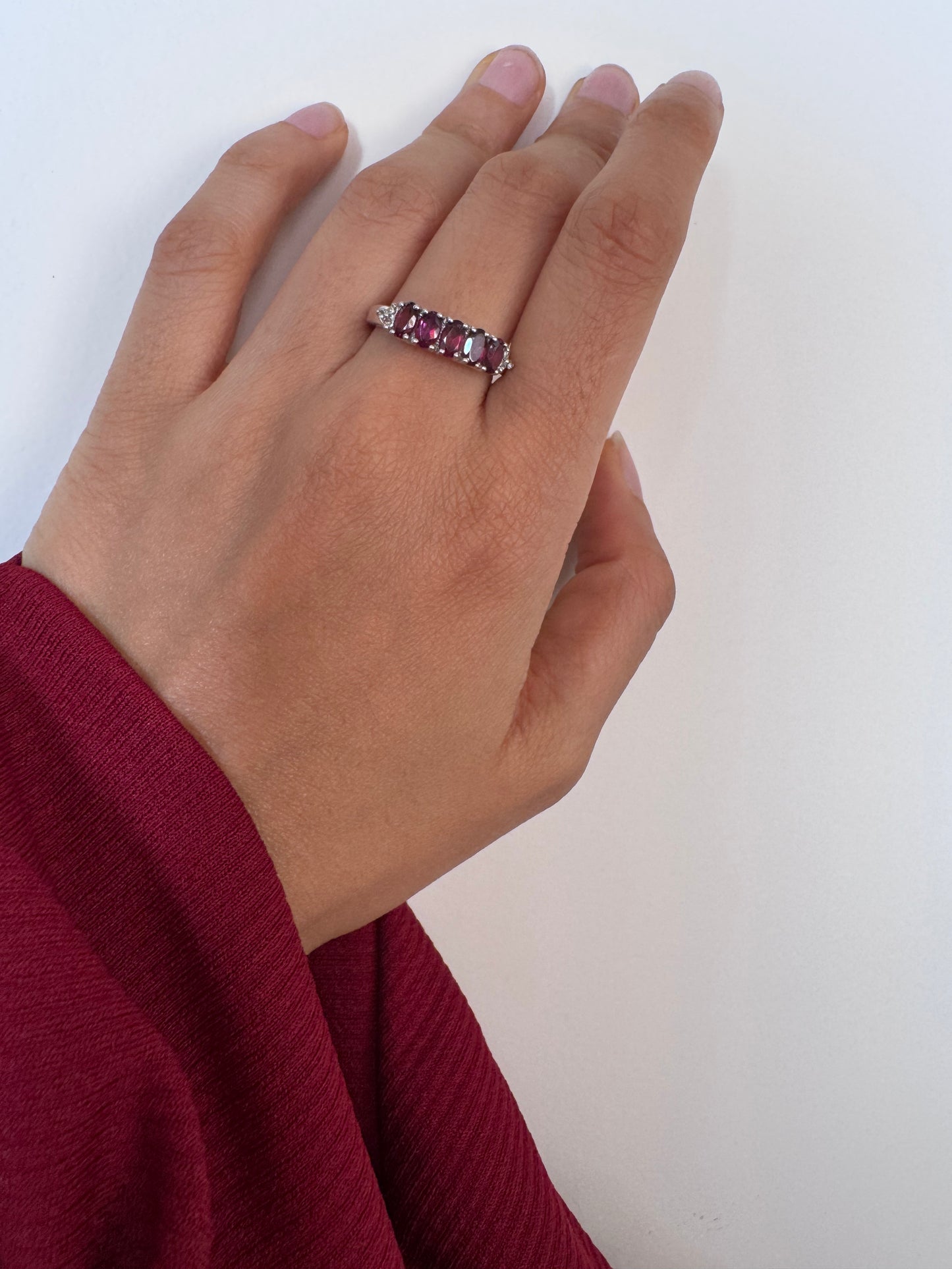 Rhodolite Oval Shape Ring with White Topaz Round Genuine Gemstone in 925 Sterling Silver