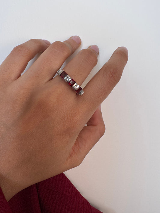 Red Garnet Square Shape Ring with White Natural Zircon Round Genuine Gemstone in 925 Sterling Silver