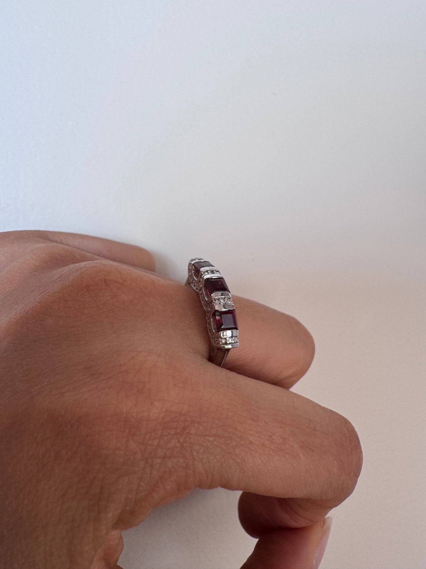 Red Garnet Square Shape Ring with White Natural Zircon Round Genuine Gemstone in 925 Sterling Silver