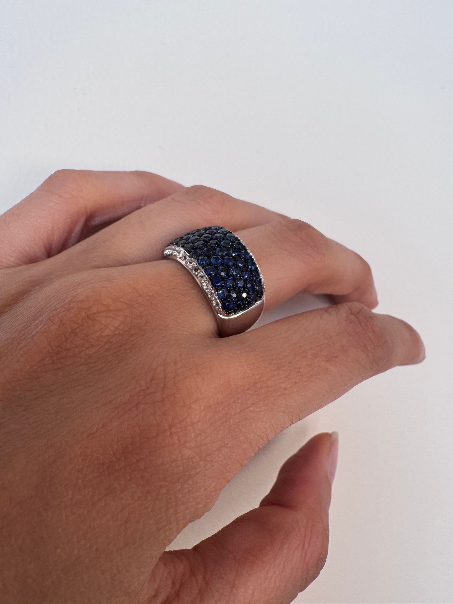 Blue Sapphire Round Shape Ring with White Natural Zircon Round Genuine Gemstone in 925 Sterling Silver