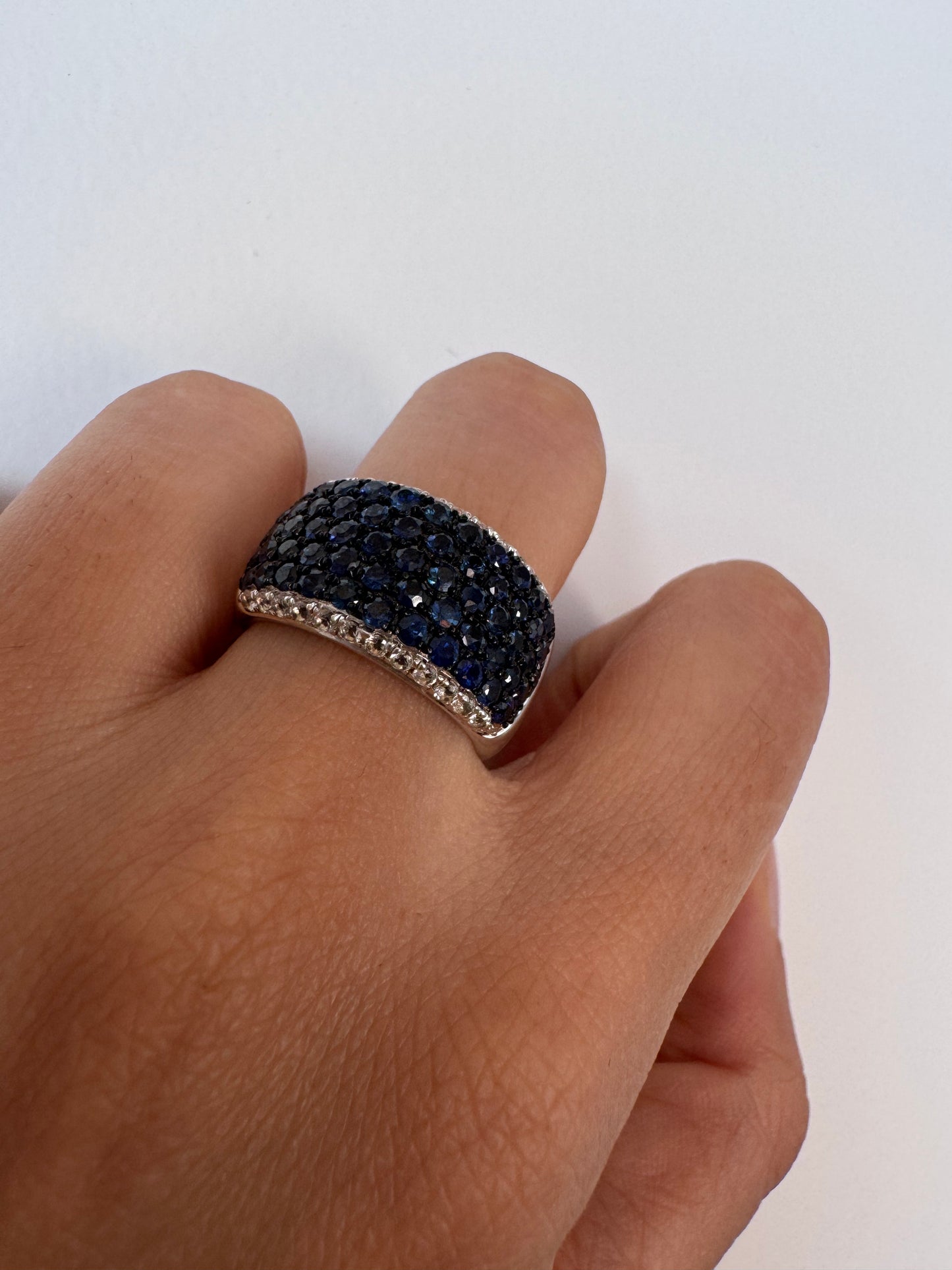 Blue Sapphire Round Shape Ring with White Natural Zircon Round Genuine Gemstone in 925 Sterling Silver