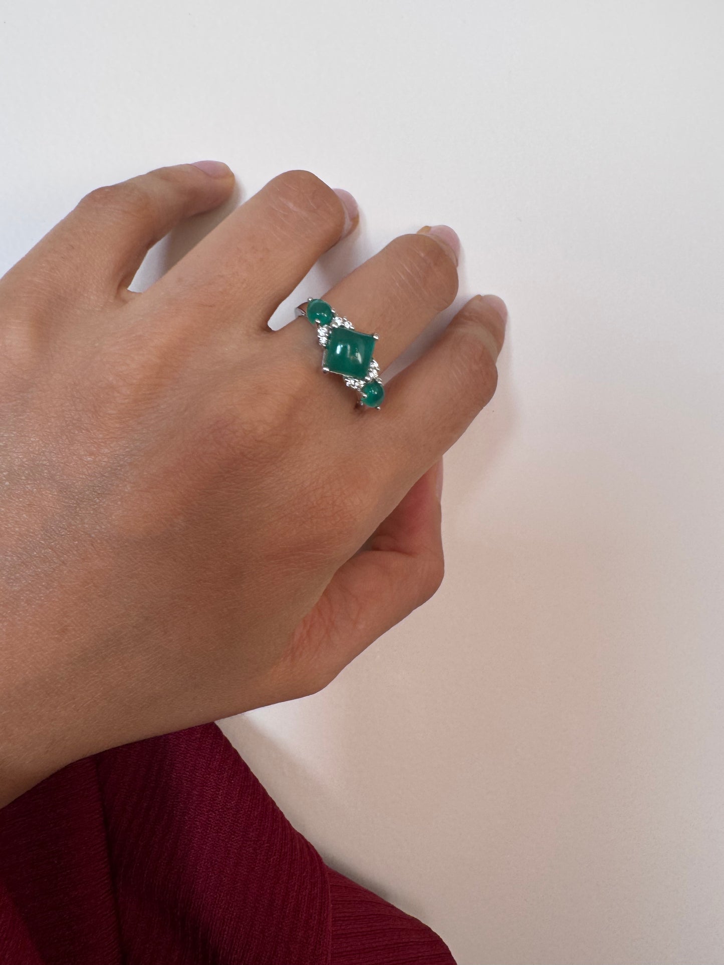 Green Onyx Cab Square & Pear Shape Ring with Natural Zircon Genuine Gemstone in 925 Sterling Silver