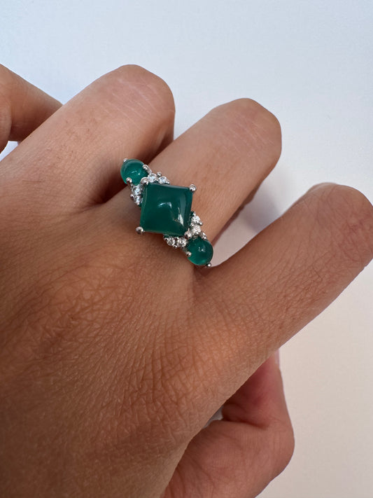 Green Onyx Cab Square & Pear Shape Ring with Natural Zircon Genuine Gemstone in 925 Sterling Silver