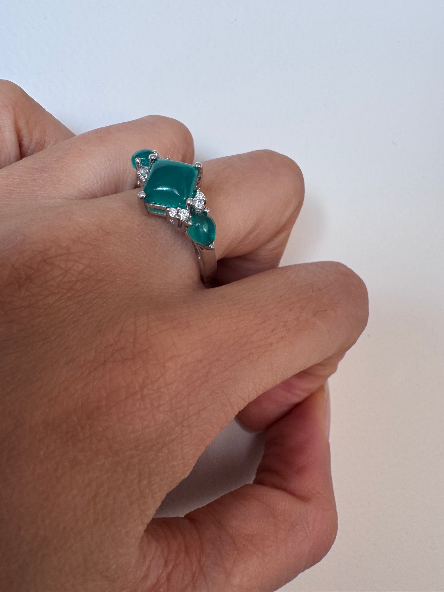 Green Onyx Cab Square & Pear Shape Ring with Natural Zircon Genuine Gemstone in 925 Sterling Silver