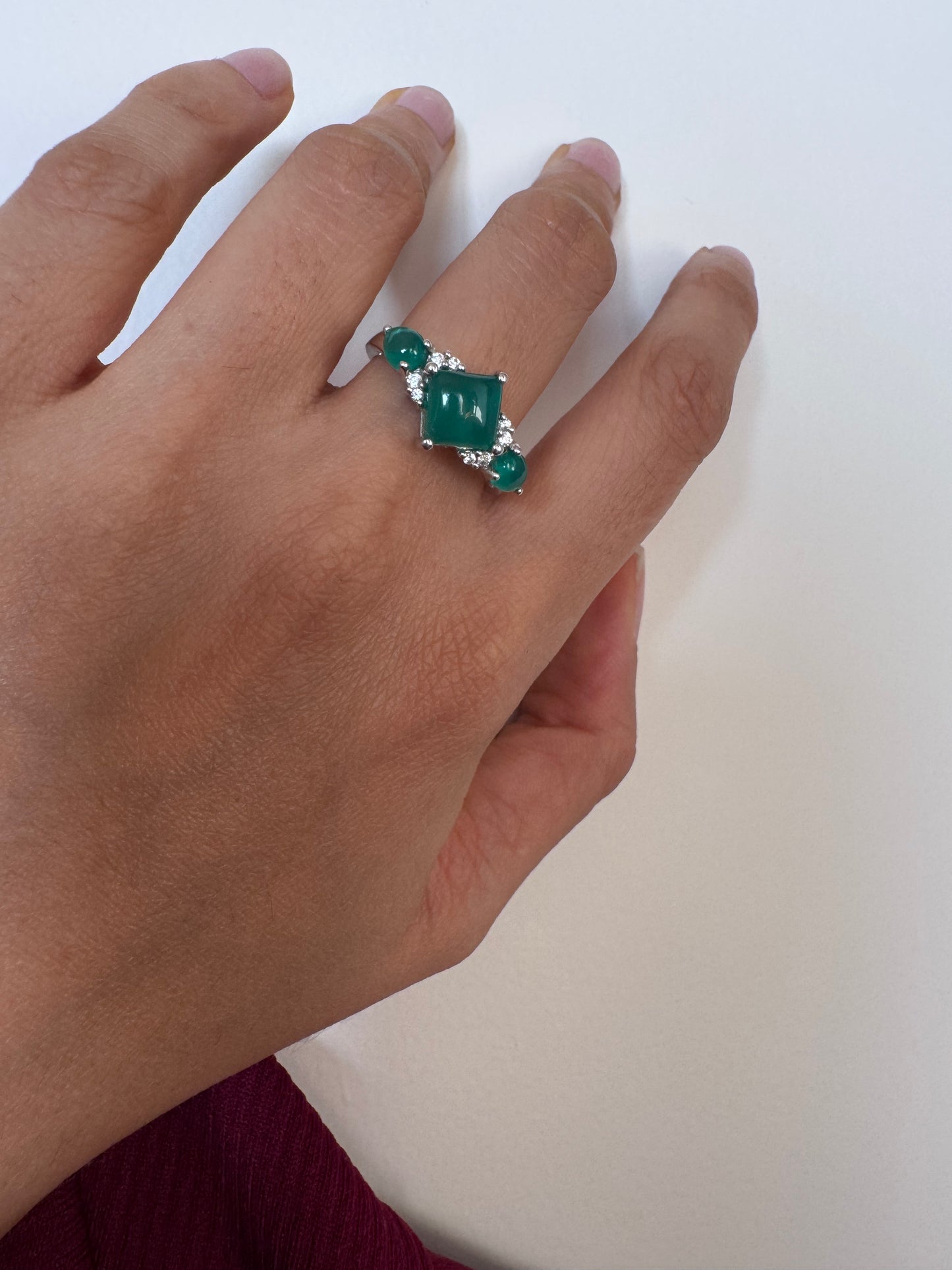 Green Onyx Cab Square & Pear Shape Ring with Natural Zircon Genuine Gemstone in 925 Sterling Silver