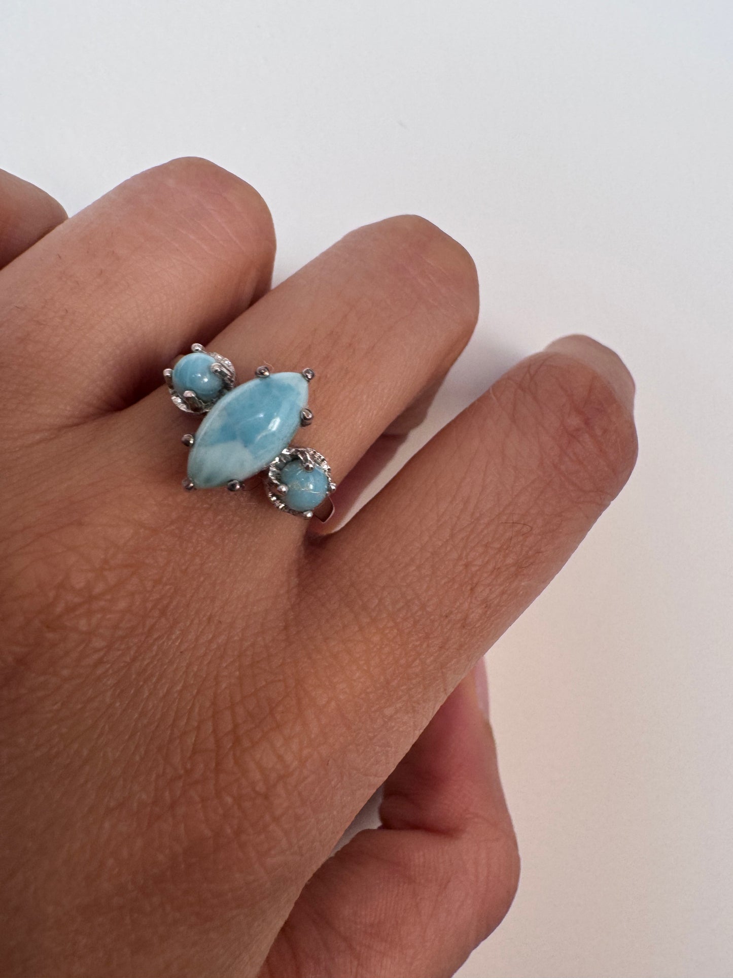 Larimar Cab Marquis & Round Shape Ring Genuine Gemstone in 925 Sterling Silver