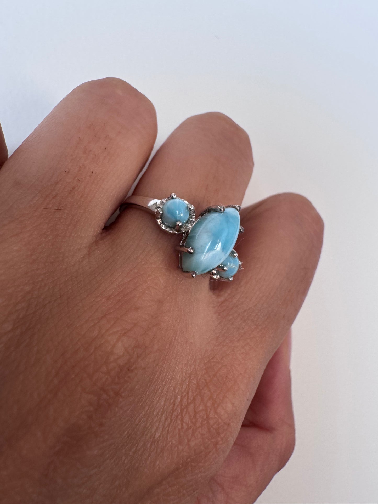 Larimar Cab Marquis & Round Shape Ring Genuine Gemstone in 925 Sterling Silver