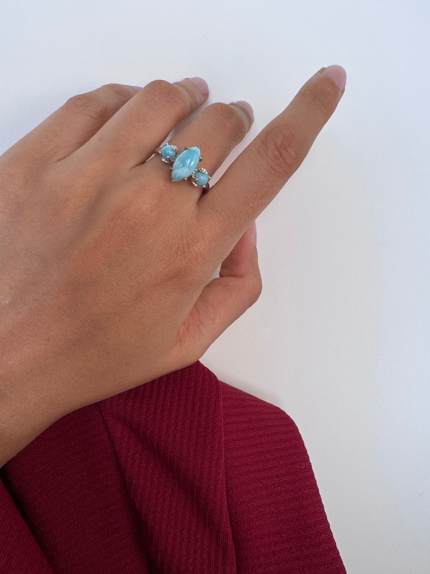 Larimar Cab Marquis & Round Shape Ring Genuine Gemstone in 925 Sterling Silver