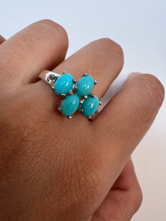 Turquoise Cab Oval Shape Ring with Blue Sapphire Round Genuine Gemstone in 925 Sterling Silver