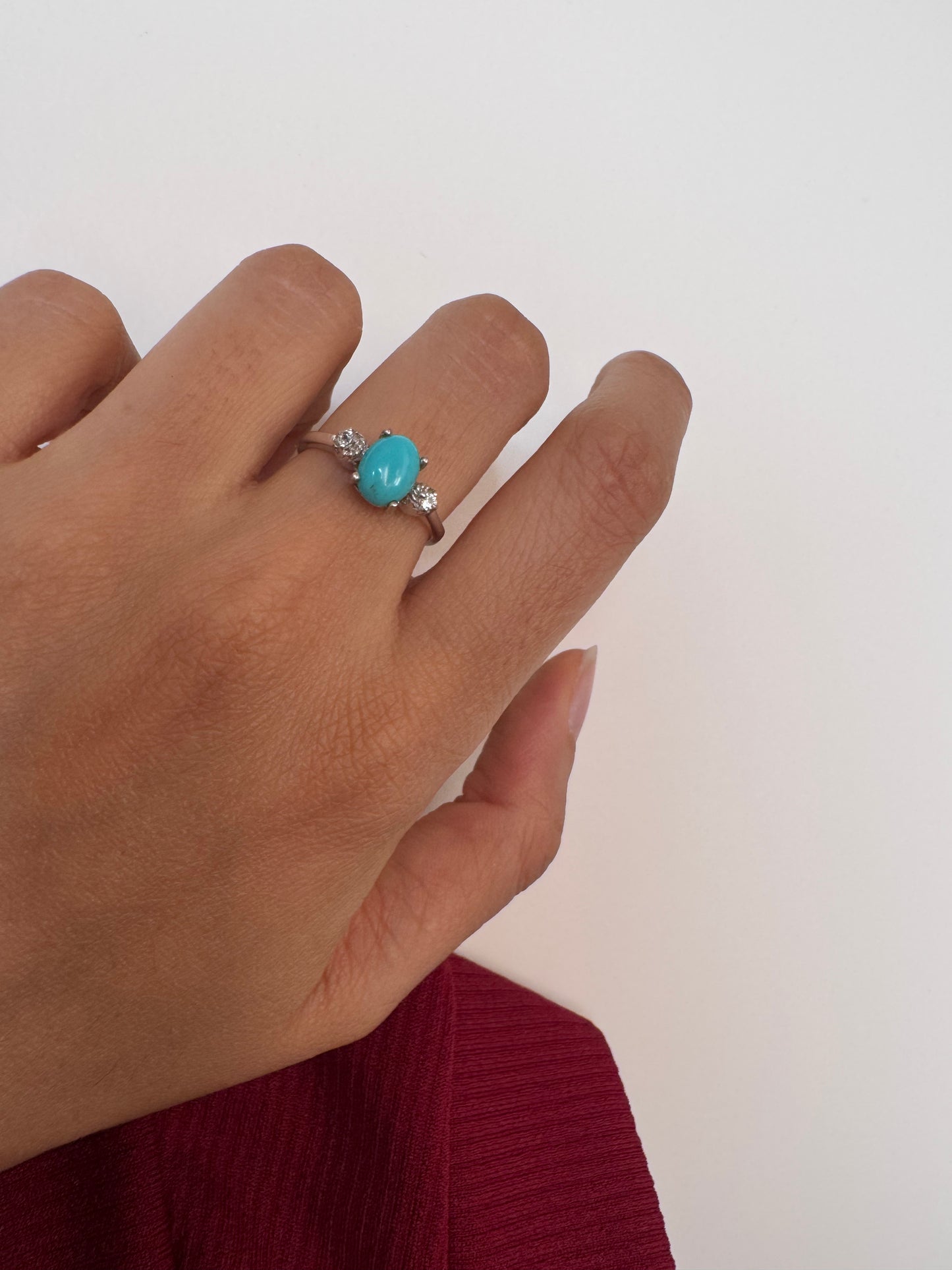 Turquoise Cab Oval Shape Ring with White Topaz Round Genuine Gemstone in 925 Sterling Silver